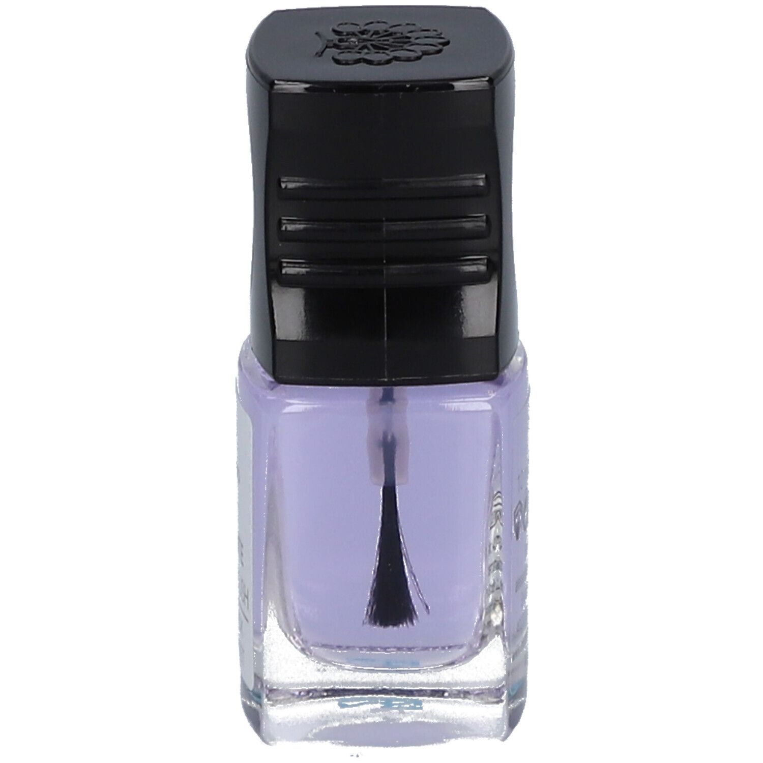 Nagellackflasche mit schwarzem Deckel. Pinsel sichtbar. Inhalt: helllila.