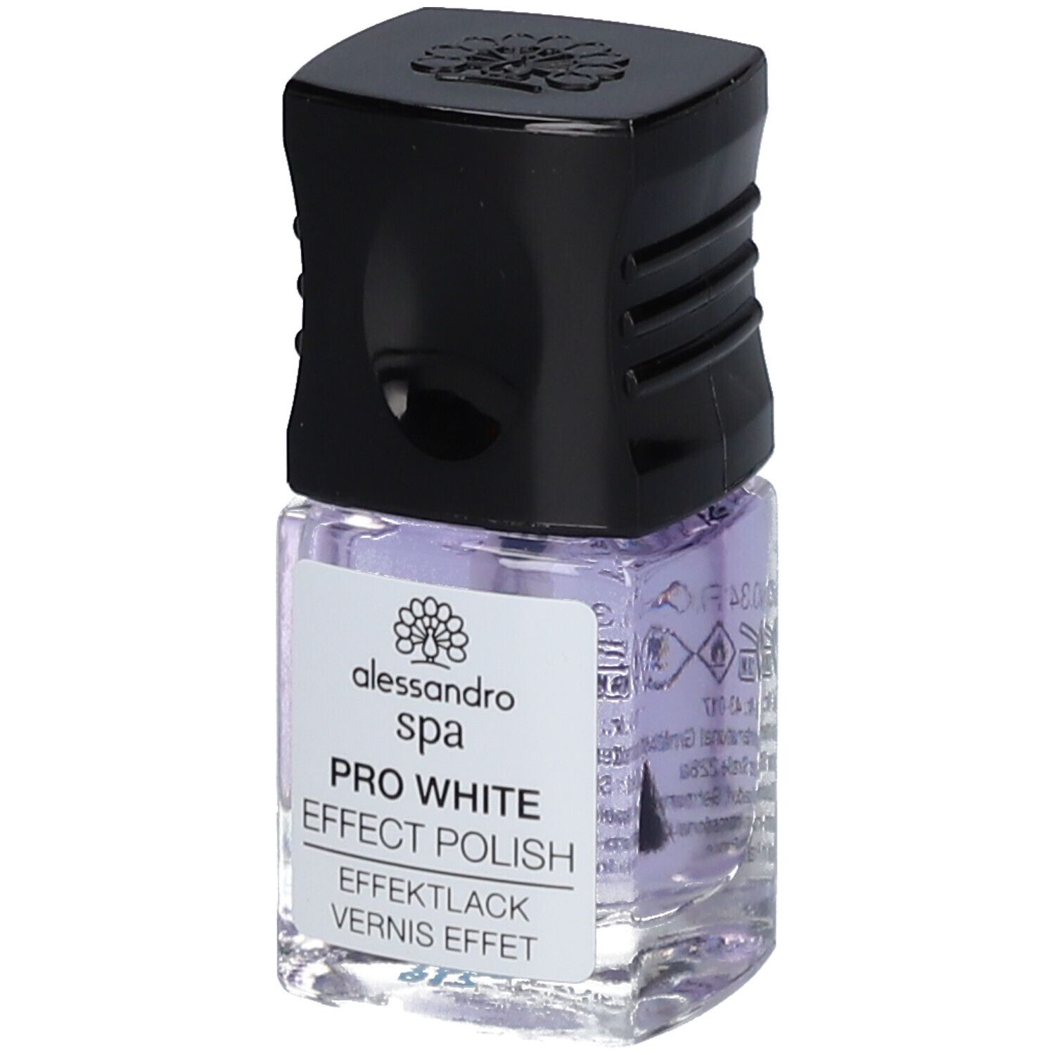 Nagellackflasche mit schwarzem Deckel. Aufschrift: alessandro spa PRO WHITE EFFECT POLISH.
