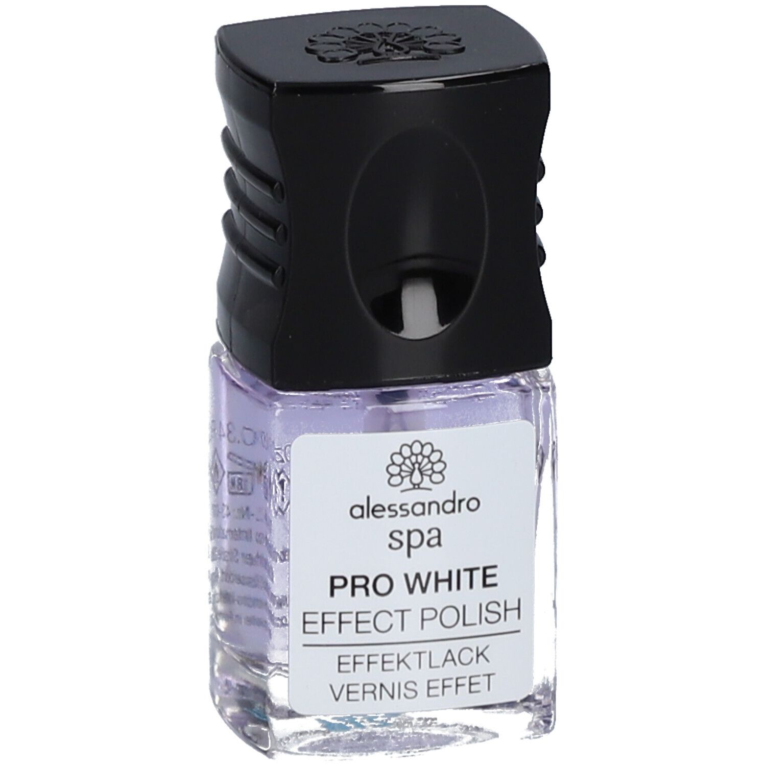 Nagellackflasche mit schwarzem Deckel. Aufschrift: alessandro spa PRO WHITE EFFECT POLISH.