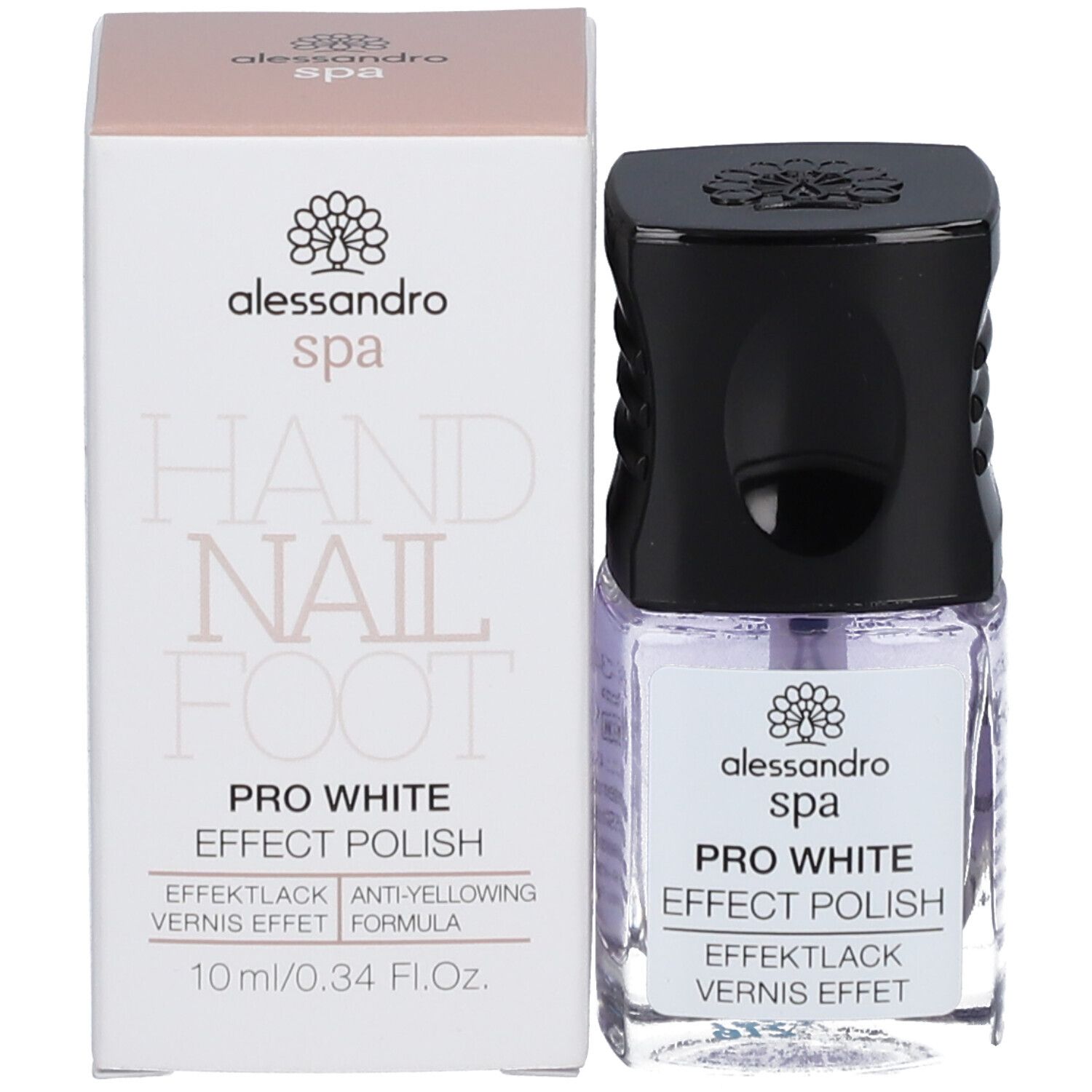 Nagellackflasche und Verpackung. Aufschrift: alessandro spa PRO WHITE EFFECT POLISH. 10 ml.
