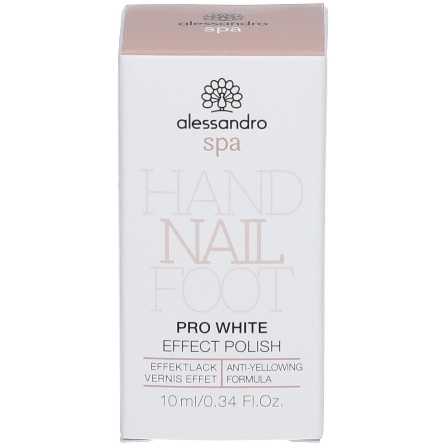 Verpackung. Aufschrift: alessandro spa HAND NAIL FOOT PRO WHITE EFFECT POLISH. 10 ml.