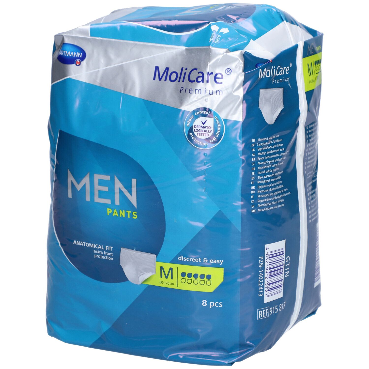 MoliCare Premium MEN PANTS, taille M, 8 pièces. Coupe anatomique, protection supplémentaire. Emballage avec informations.