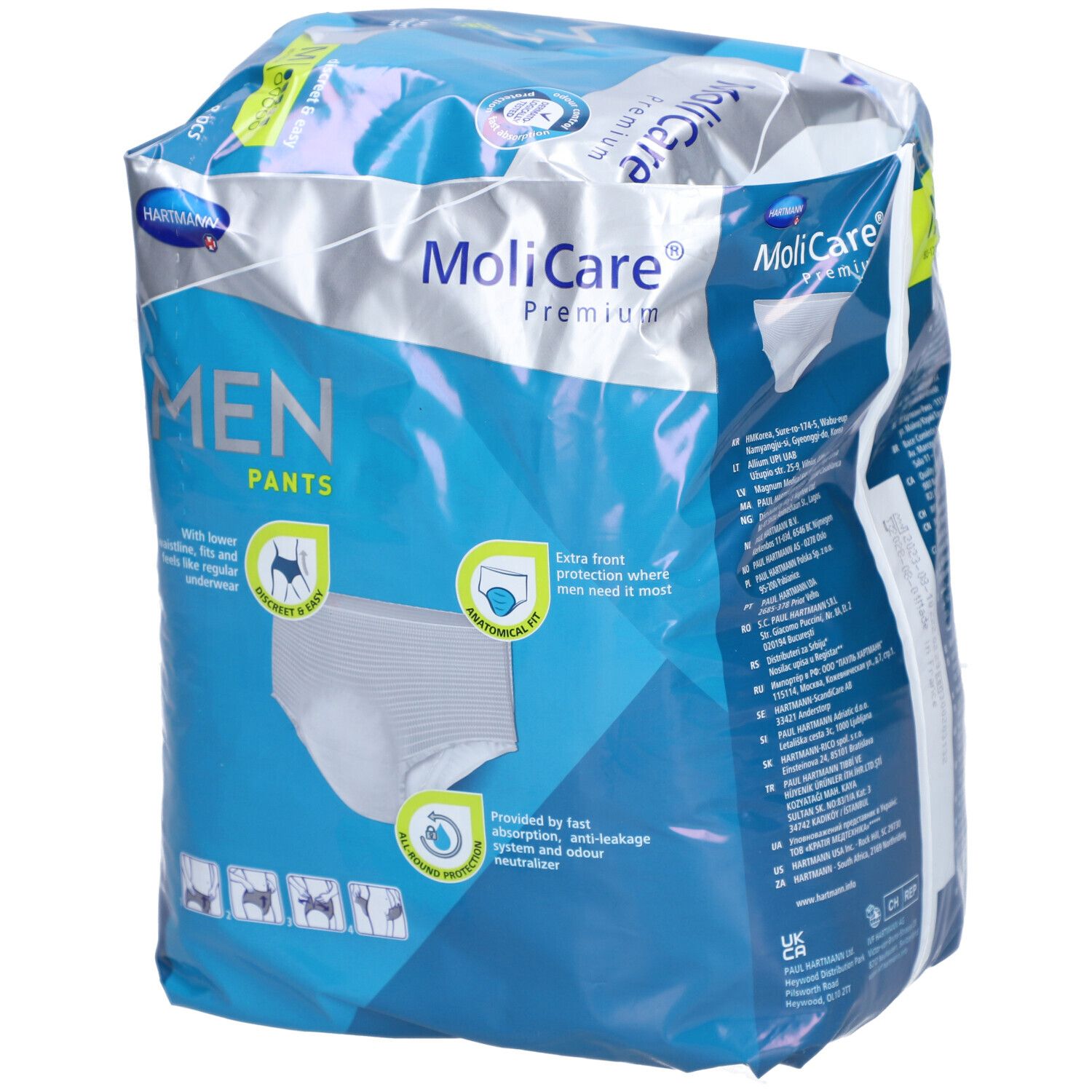 Emballage MoliCare Premium MEN PANTS. Coupe anatomique, protection extra. Taille M, 8 pièces. Illustrations.