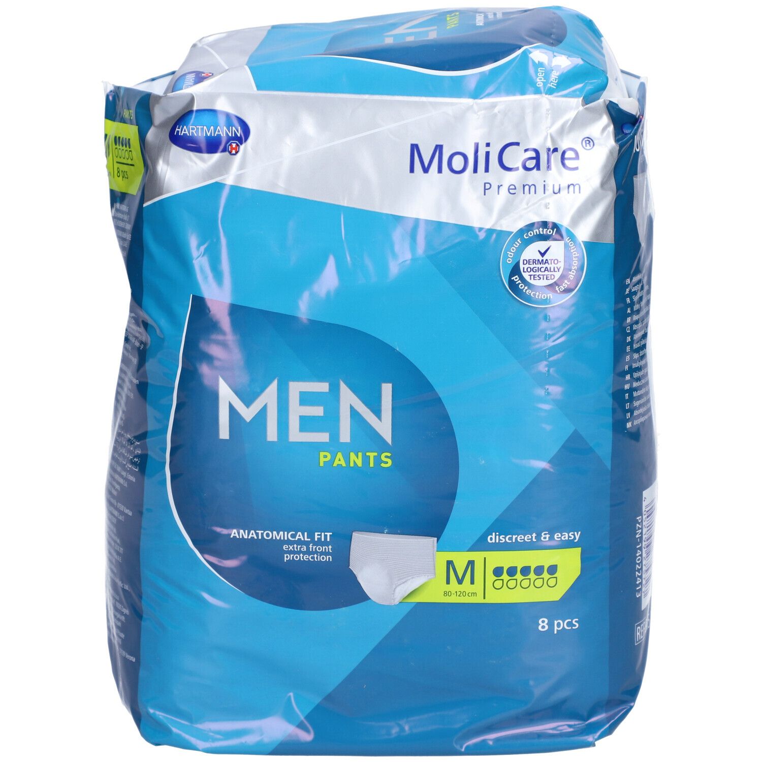 Emballage MoliCare Premium MEN PANTS. Taille M, 8 pièces. Coupe anatomique, protection extra. Testé dermatologiquement.
