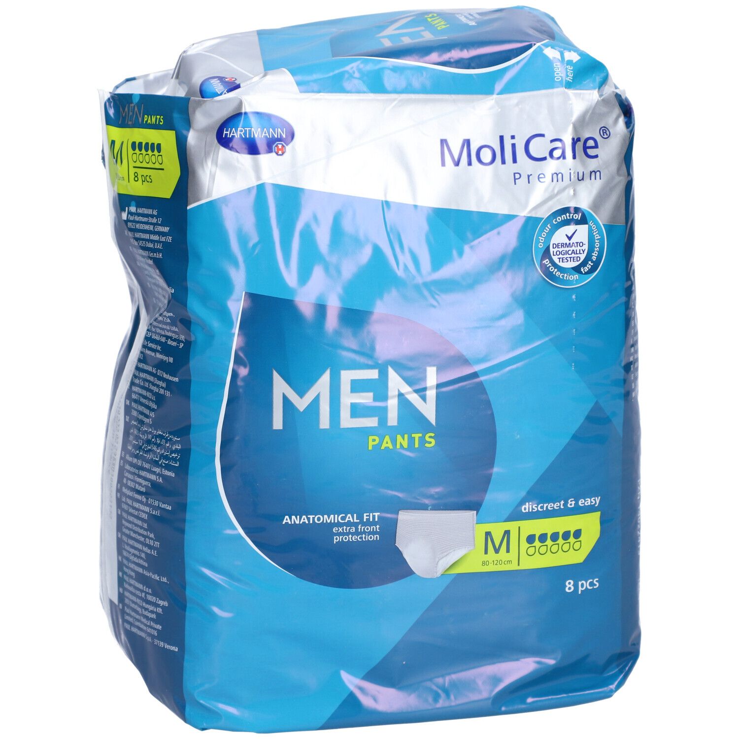 Emballage MoliCare Premium MEN PANTS. Taille M, 8 pièces. Coupe anatomique, protection extra. Discret et facile.