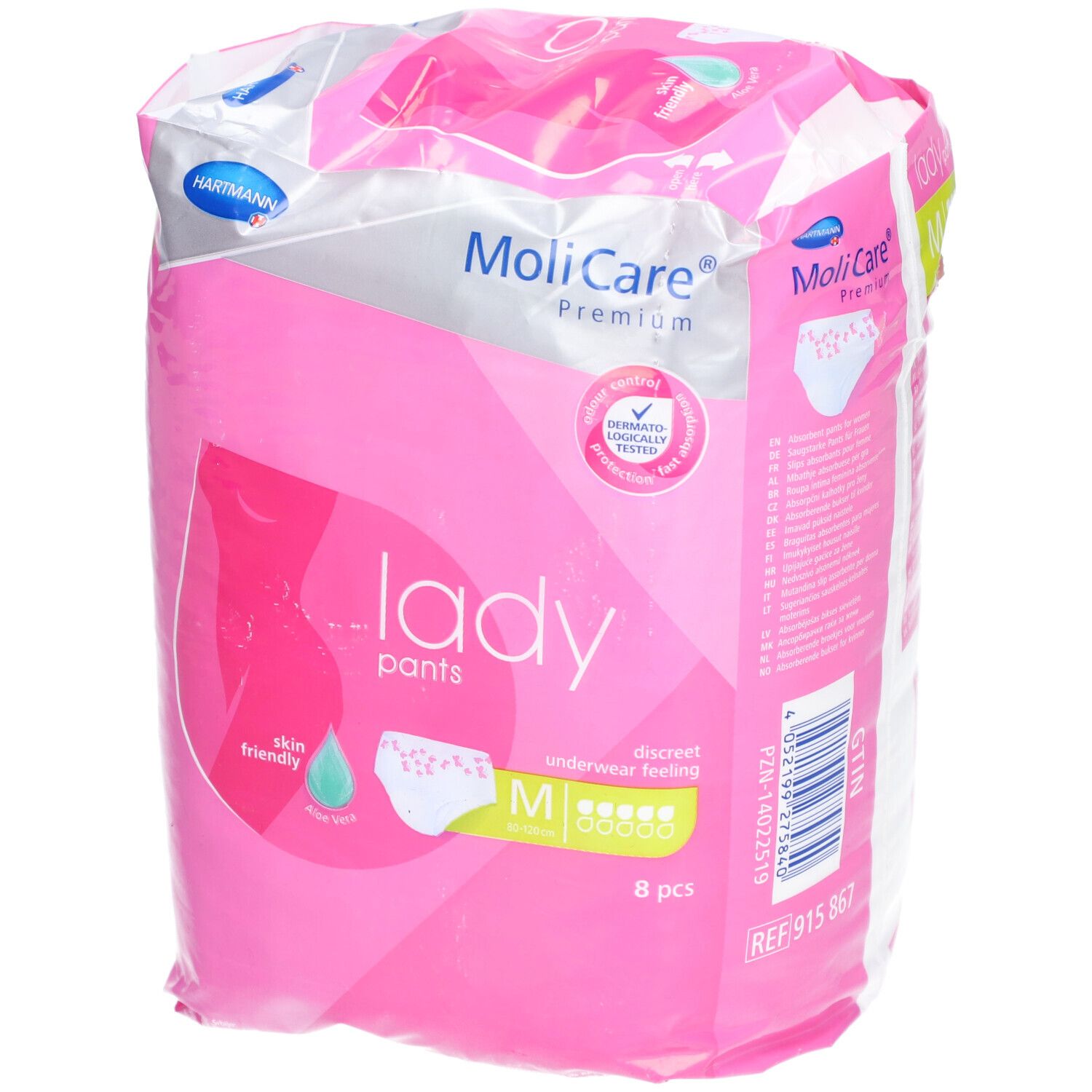 Emballage rose MoliCare Lady Pants. Taille M, 8 pièces. Inscriptions : skin friendly, testé dermatologiquement.
