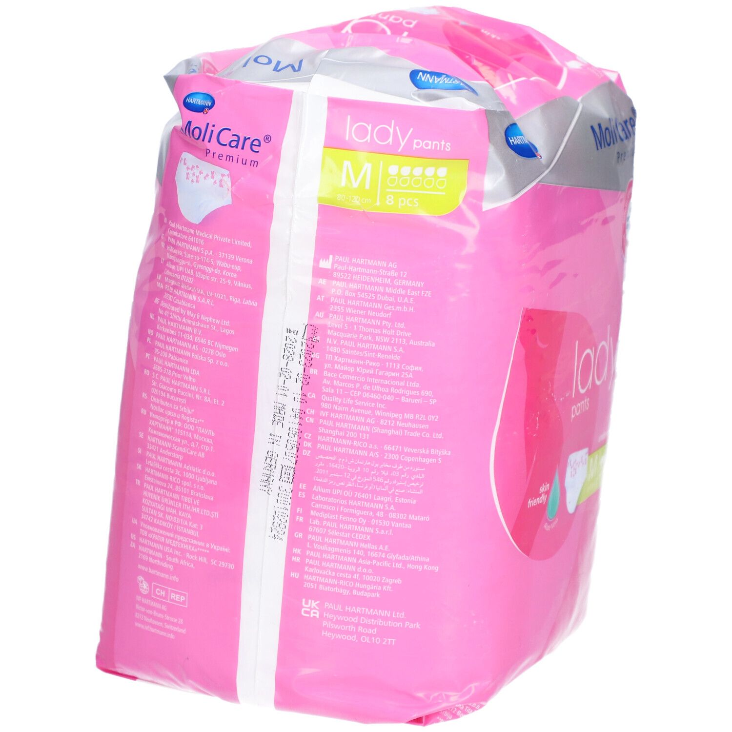 Dos de l'emballage rose MoliCare Lady Pants. Texte multilingue. Réf. 915 867.