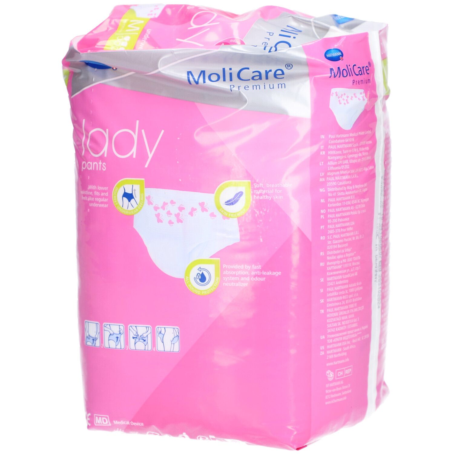 Emballage rose MoliCare Lady Pants. Illustrations : slip, indicateur de gouttes. Texte : discreet underwear feeling.