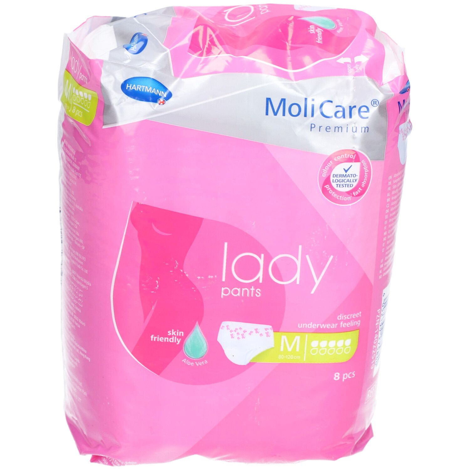 Emballage rose MoliCare Lady Pants. Taille M, 8 pièces. Inscriptions : skin friendly, testé dermatologiquement.