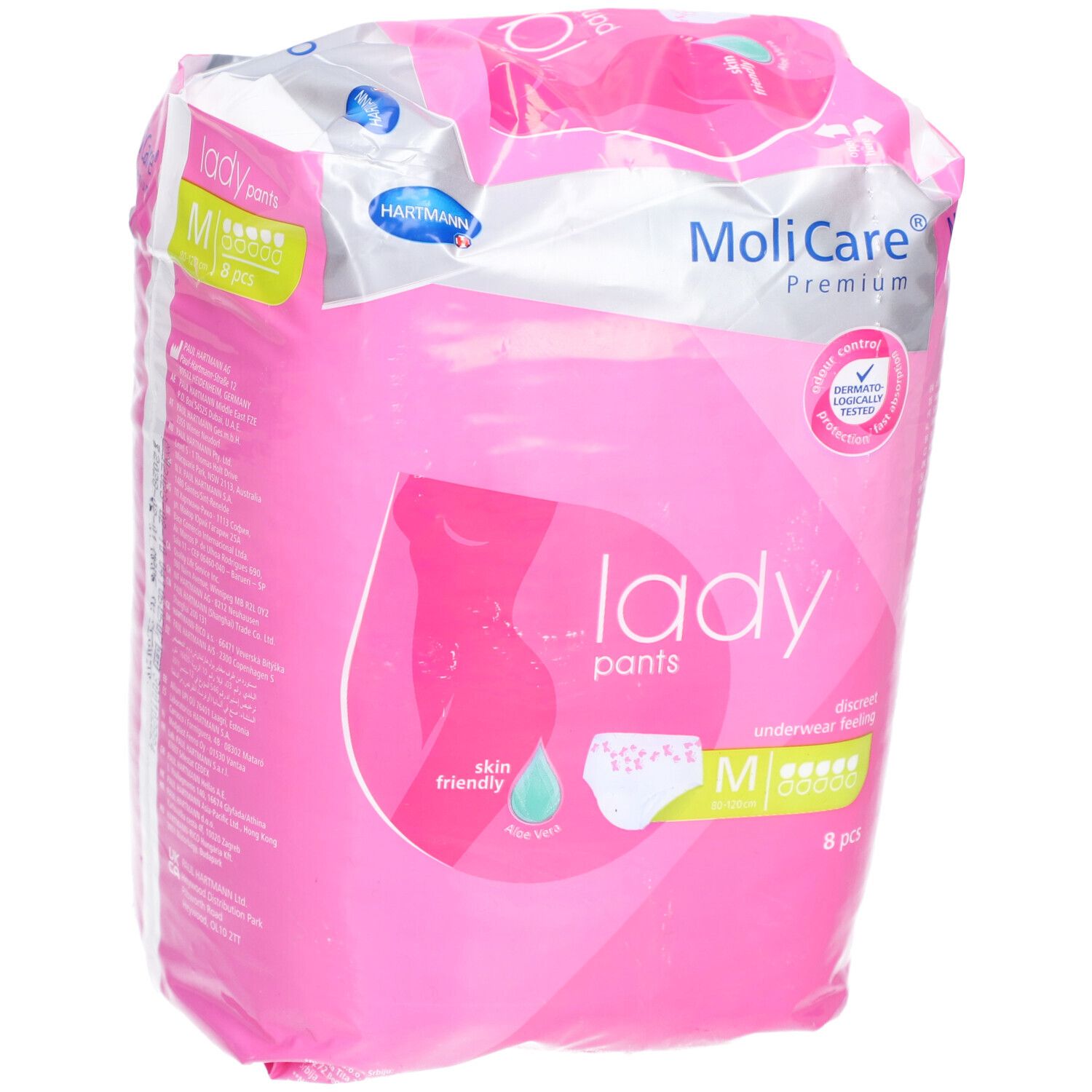 Emballage rose MoliCare Lady Pants. Taille M, 8 pièces. Inscriptions : skin friendly, testé dermatologiquement.