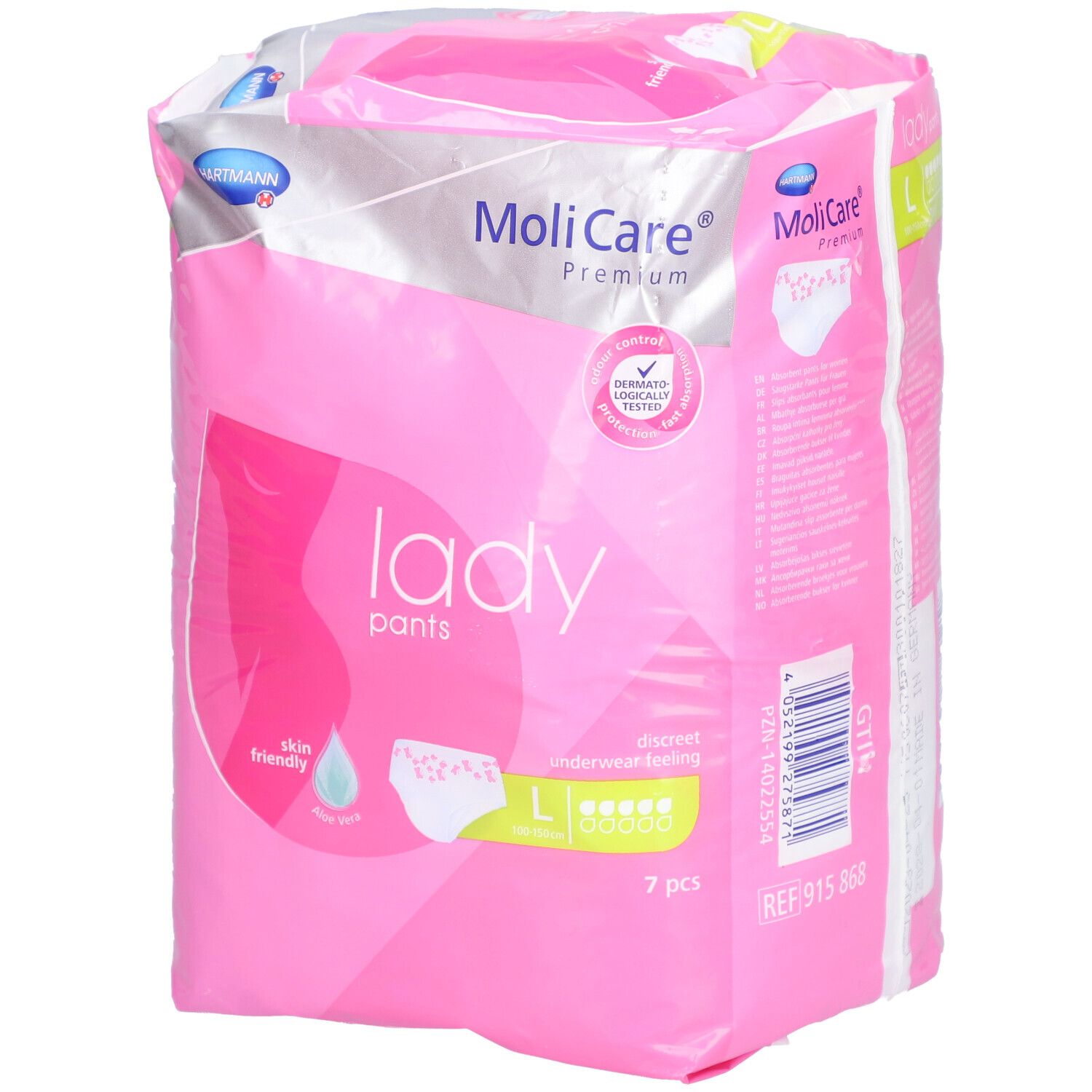 Rosa Verpackung mit MoliCare Premium Lady Pants. Größe L, 7 Stück. Hautfreundlich, dermatologisch getestet.