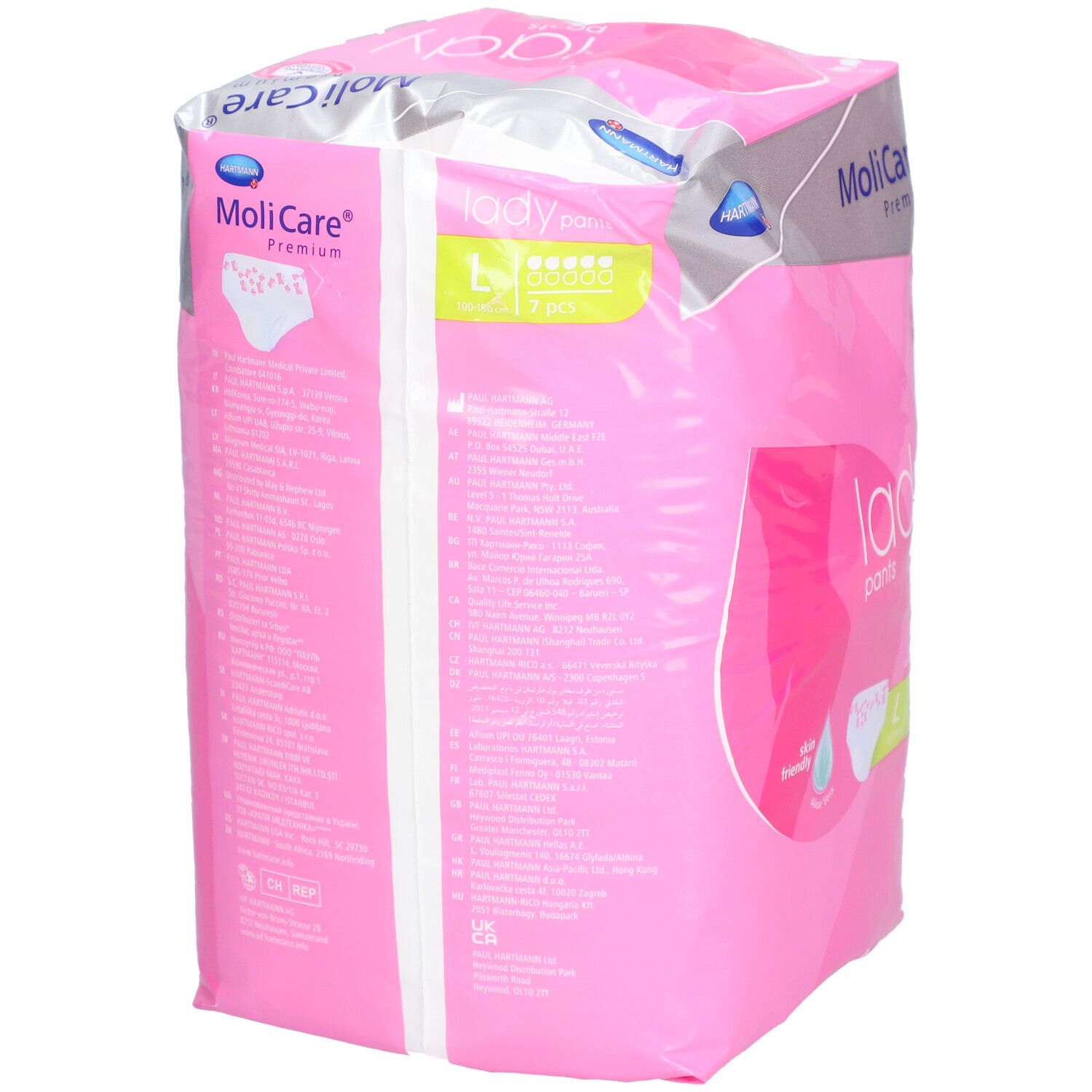 Rückseite der rosa MoliCare Premium Lady Pants Verpackung. Größe L, 7 Stück. Mit Produktinformationen.