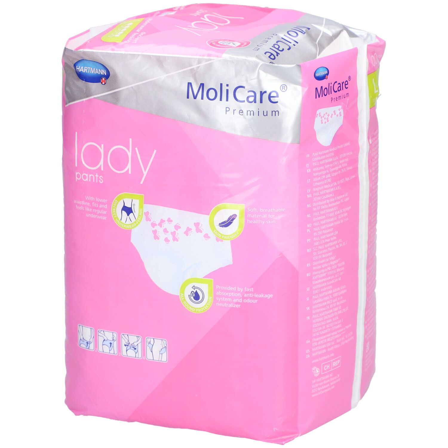 Rosa Verpackung MoliCare Premium Lady Pants. Größe L. Mit Piktogrammen und Produktinformationen.