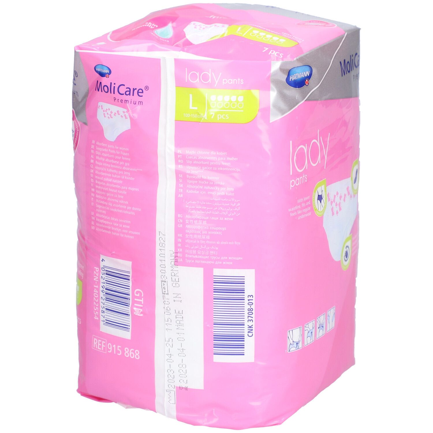 Rosa Verpackung MoliCare Premium Lady Pants. Größe L, 7 Stück. Mit Produktinformationen und Chargennummer.