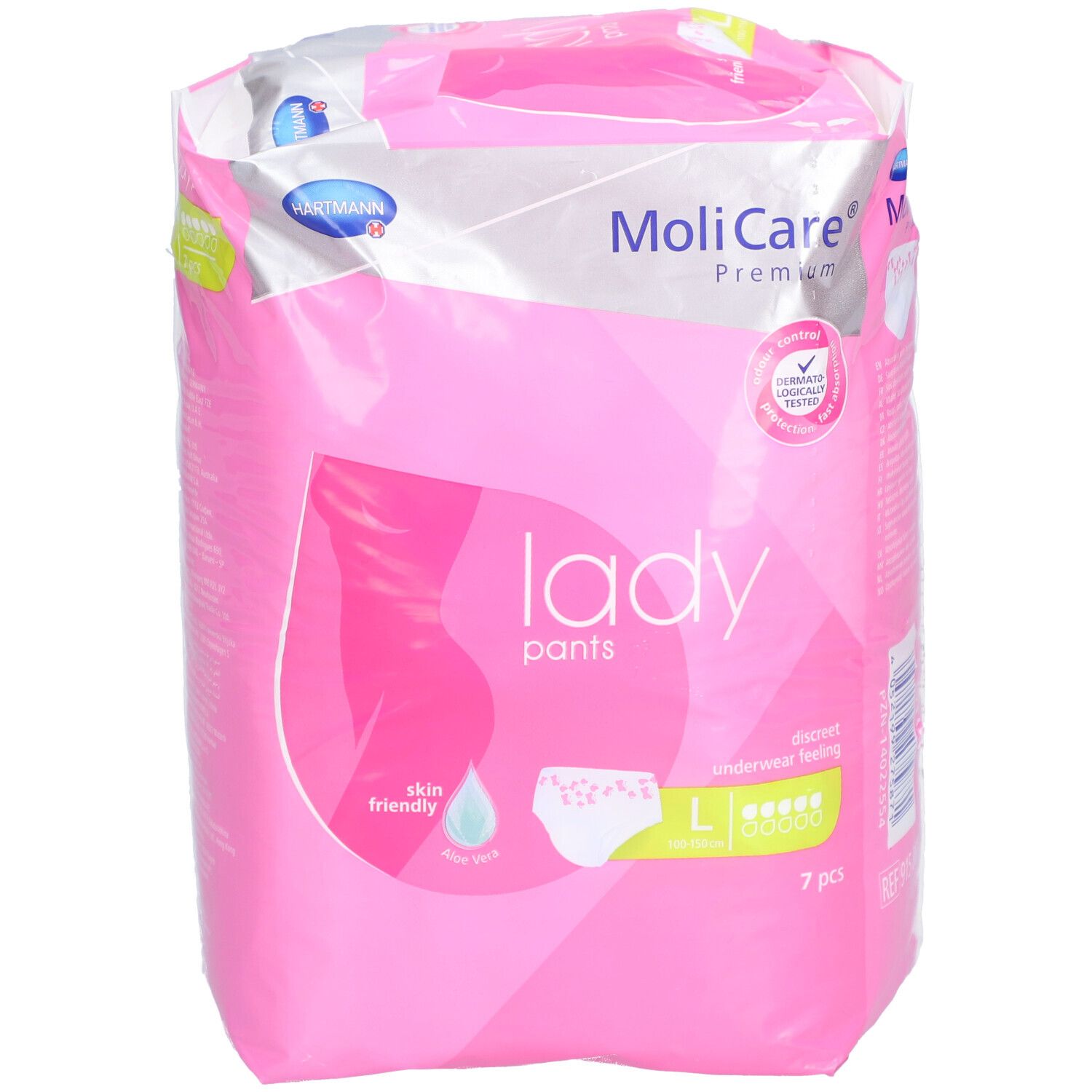 Rosa Verpackung MoliCare Premium Lady Pants. Größe L, 7 Stück. Hautfreundlich, dermatologisch getestet.