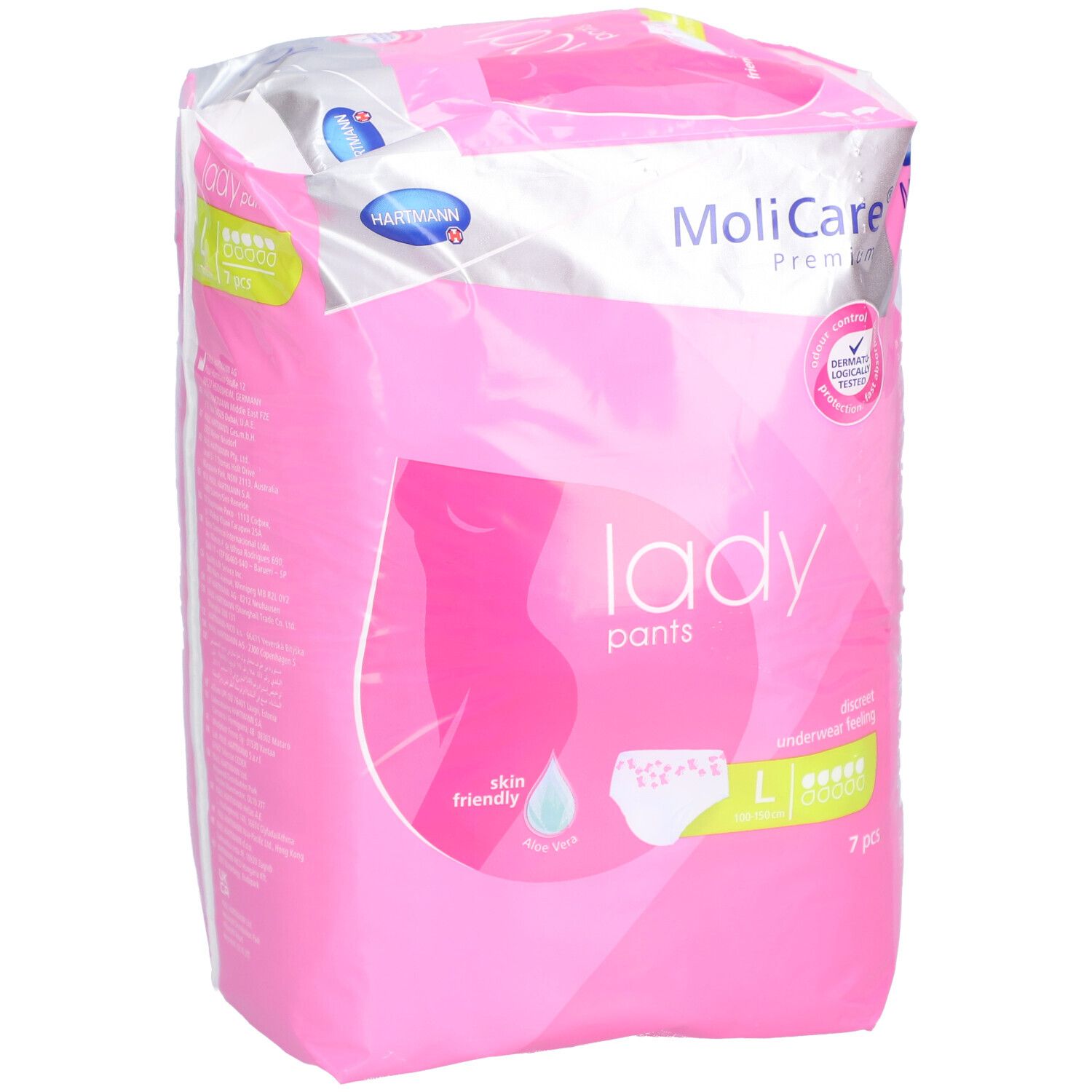 Rosa Verpackung MoliCare Premium Lady Pants. Größe L, 7 Stück. Hautfreundlich, dermatologisch getestet.