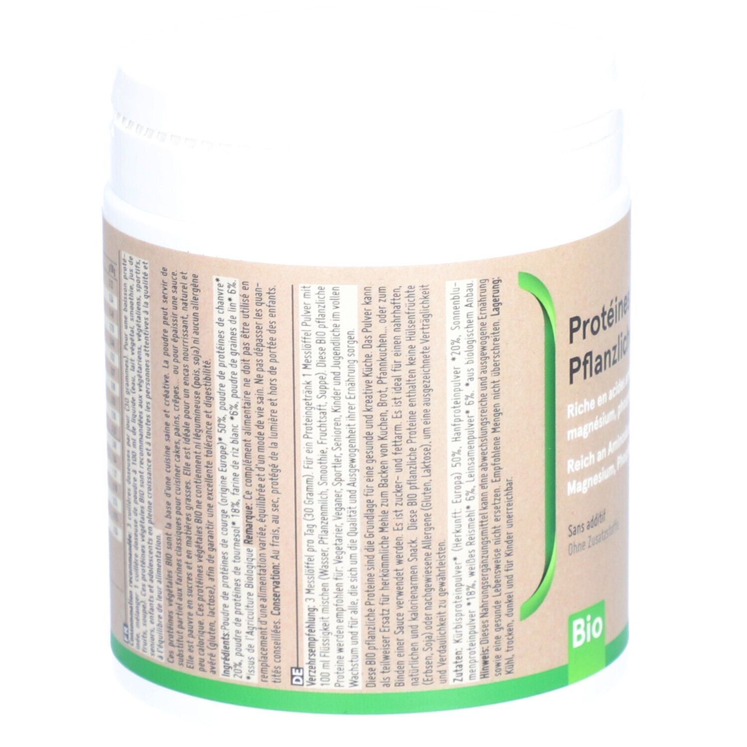 Dos du récipient. Informations textuelles sur le produit et les ingrédients. Label Bio.