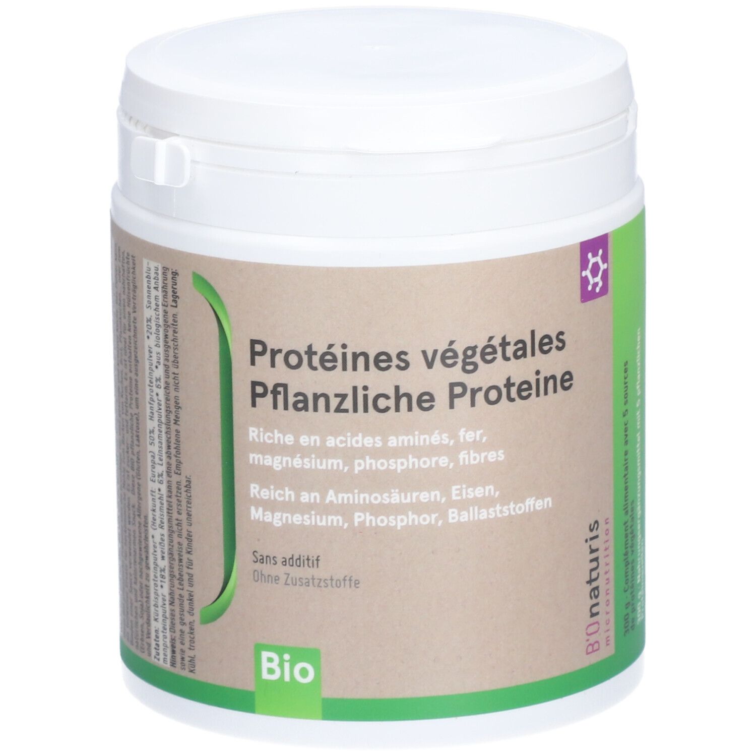 Récipient blanc avec couvercle. Étiquette avec nom du produit : Protéines végétales. Label Bio.
