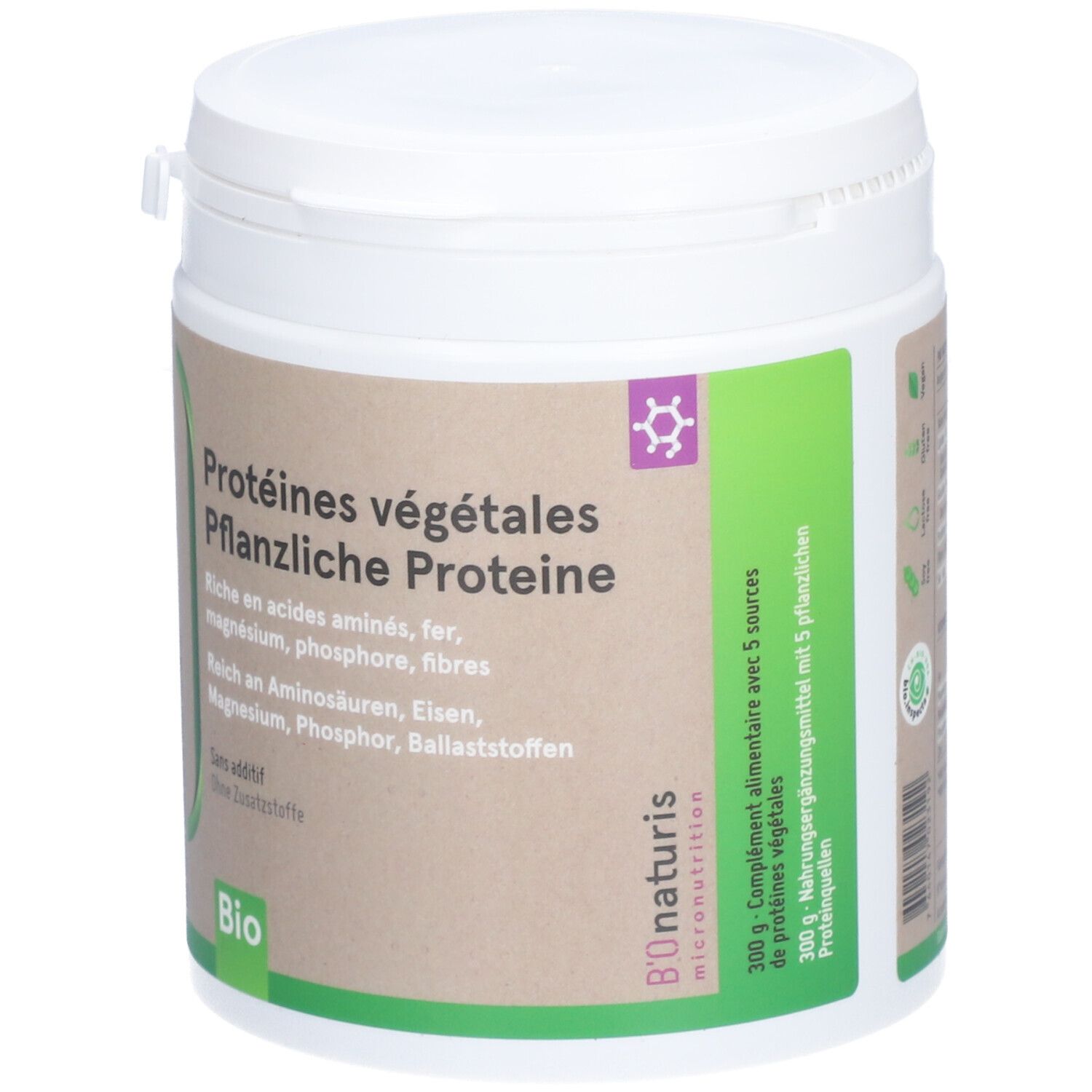 Récipient blanc avec couvercle. Étiquette avec nom du produit : Protéines végétales. 300g. Label Bio.