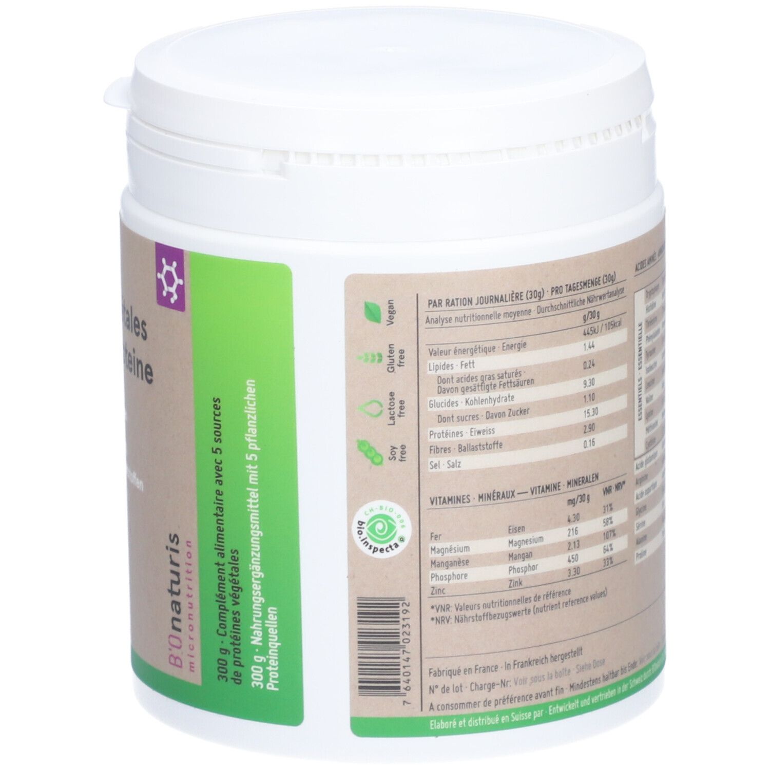 Récipient blanc. Étiquette avec informations nutritionnelles. 300g. Label vegan. Sans gluten, lactose, soja.