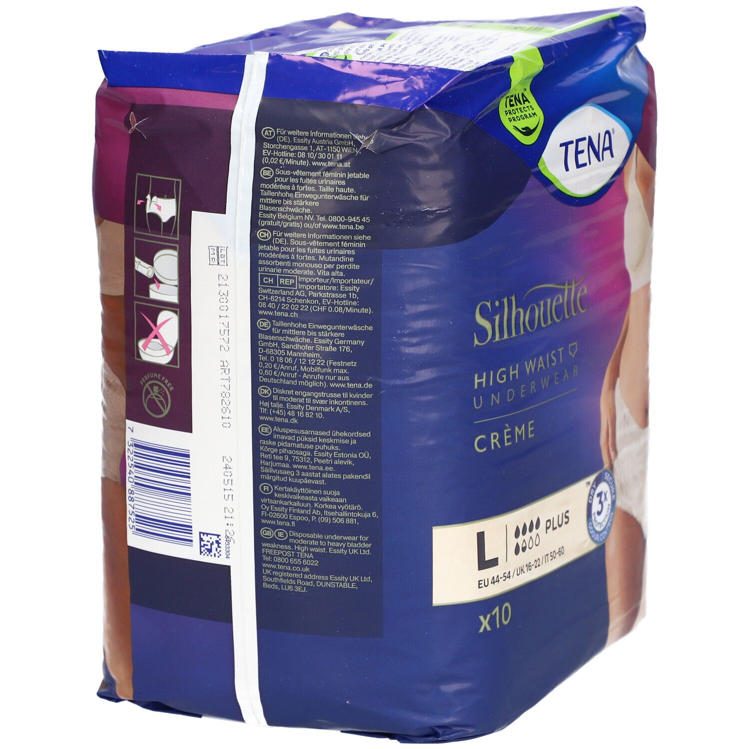 Rückseite der Verpackung TENA Silhouette Einweg-Saugunterwäsche Creme, Größe L, Plus. Enthält Produktinformationen, Barcode und Zertifizierungen.