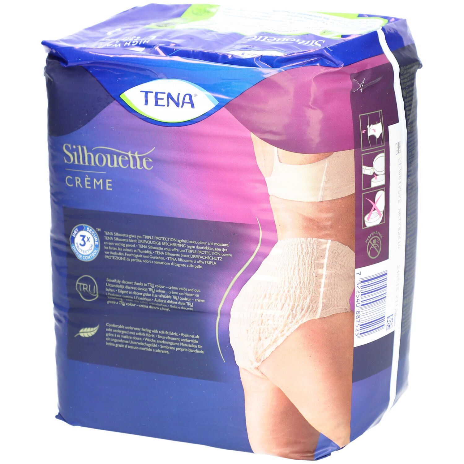 Verpackung TENA Silhouette Einweg-Saugunterwäsche Creme, Größe L, Plus. Seitenansicht mit Produktabbildung und Größenangaben.