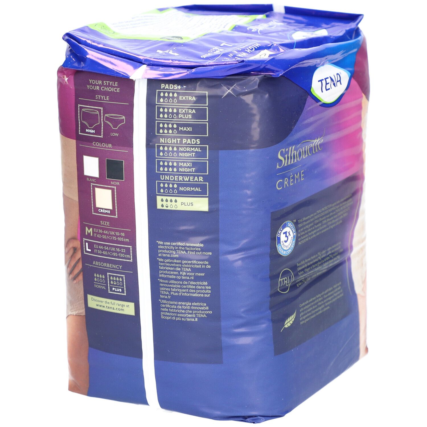 Rückseite der Verpackung TENA Silhouette Einweg-Saugunterwäsche Creme, Größe L, Plus. Zeigt Größenübersicht und Produktinformationen.