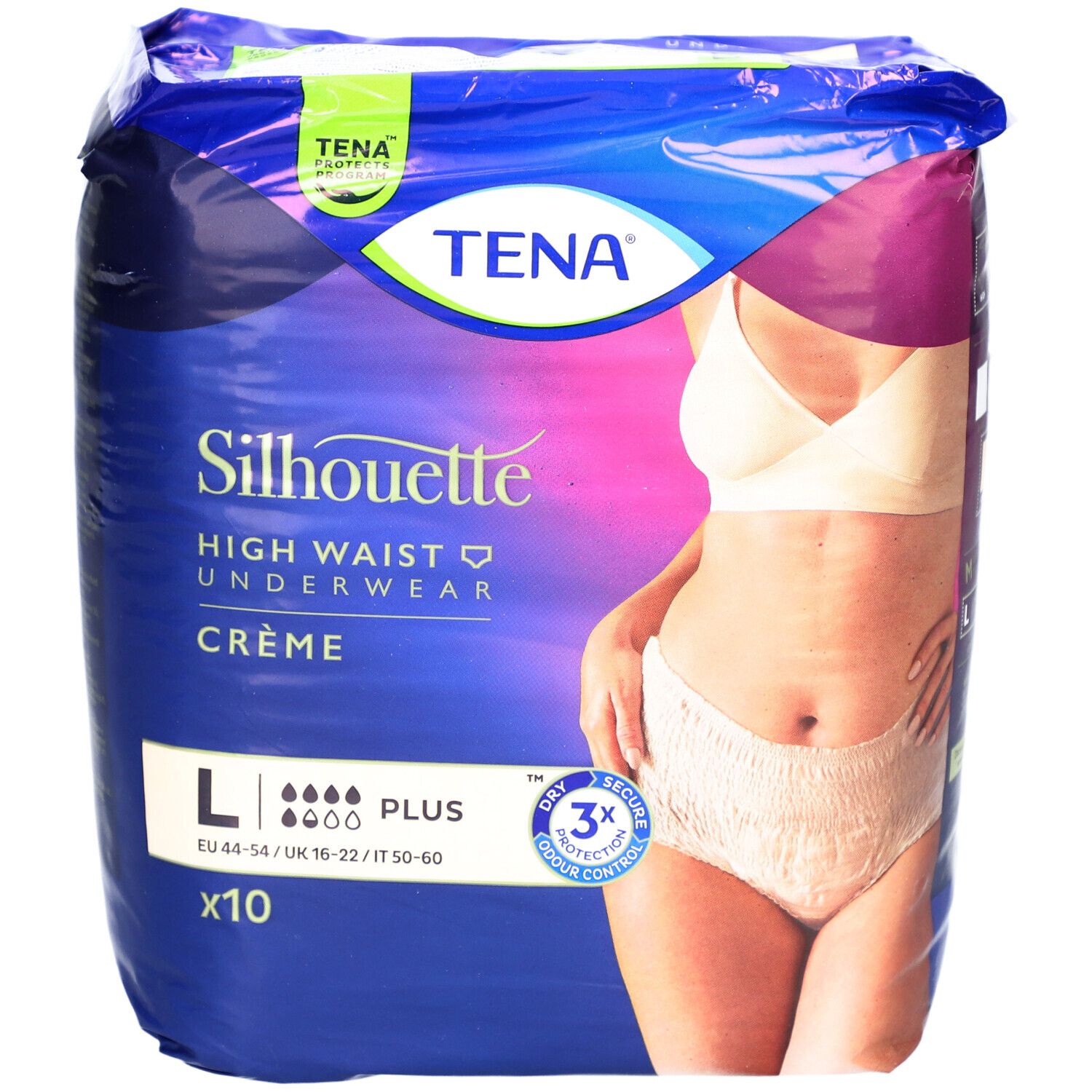 Verpackung TENA Silhouette Einweg-Saugunterwäsche Creme, Größe L, Plus. Vorderansicht mit Produktabbildung und Größenangaben. Enthält 10 Stück.