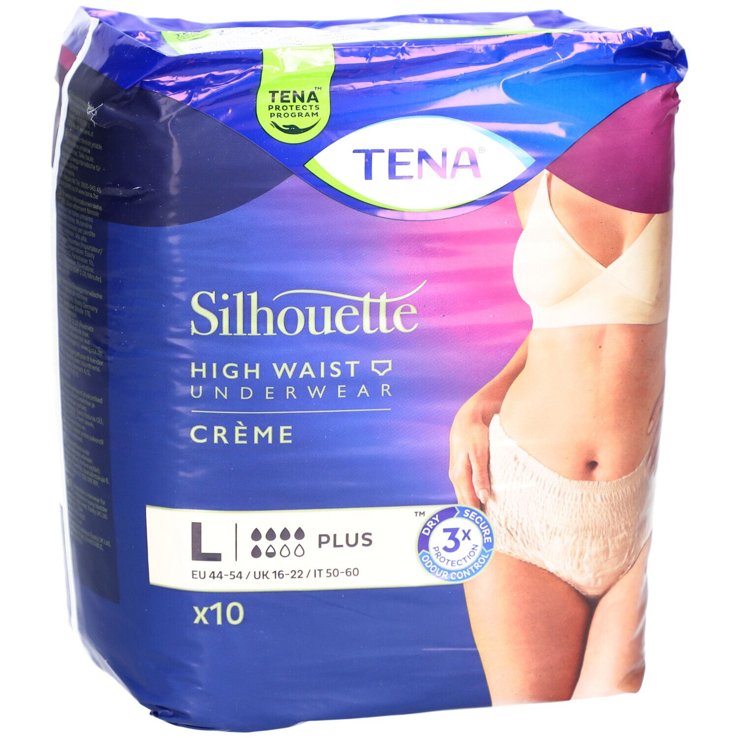 Verpackung TENA Silhouette Einweg-Saugunterwäsche Creme, Größe L, Plus. Vorderansicht mit Produktabbildung und Größenangaben. Enthält 10 Stück.