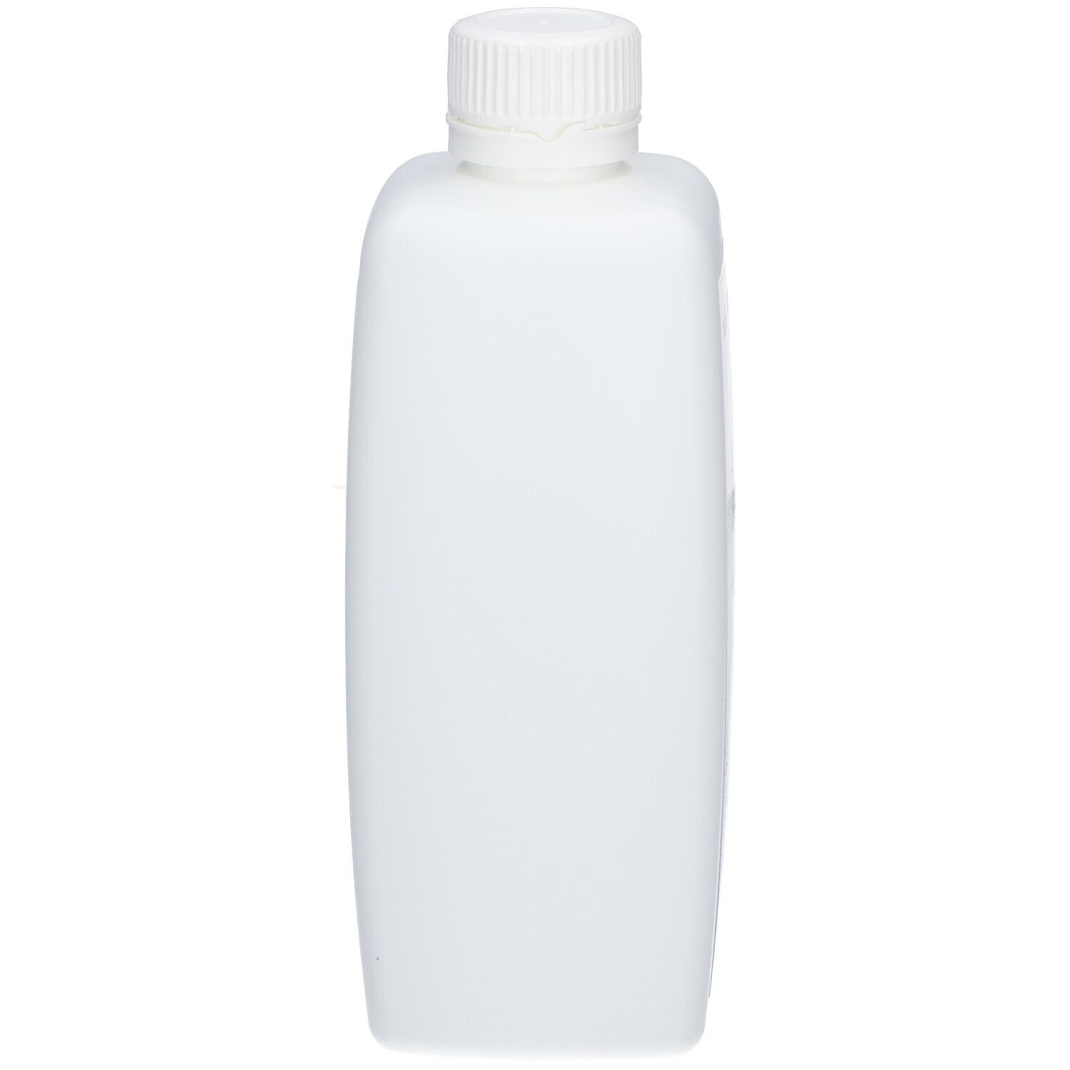 Weiße, rechteckige Flasche mit Schraubverschluss. Keine weiteren Merkmale.