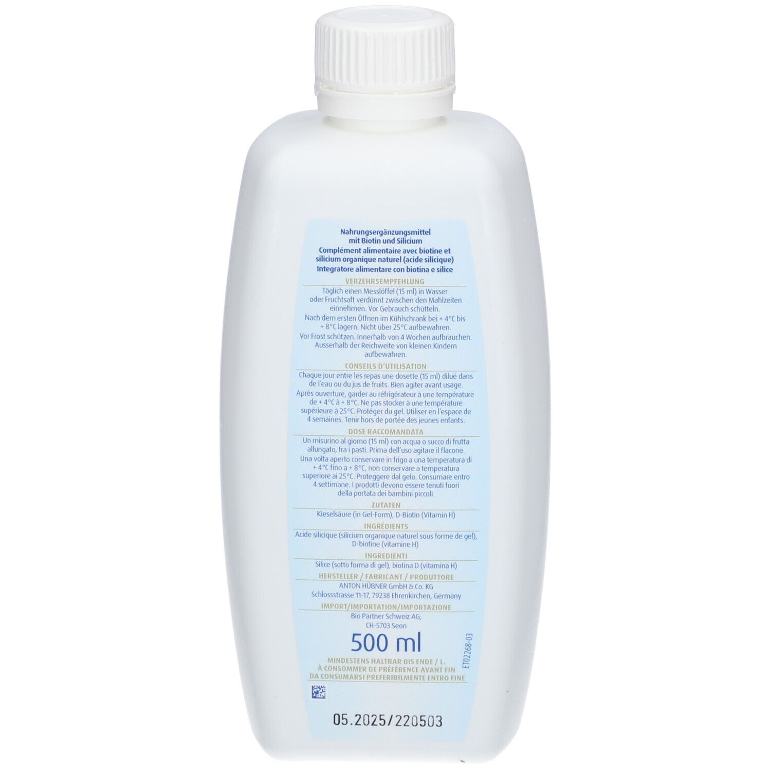 Rückseite einer weißen Flasche mit Schraubverschluss. Textinformationen auf Etikett.