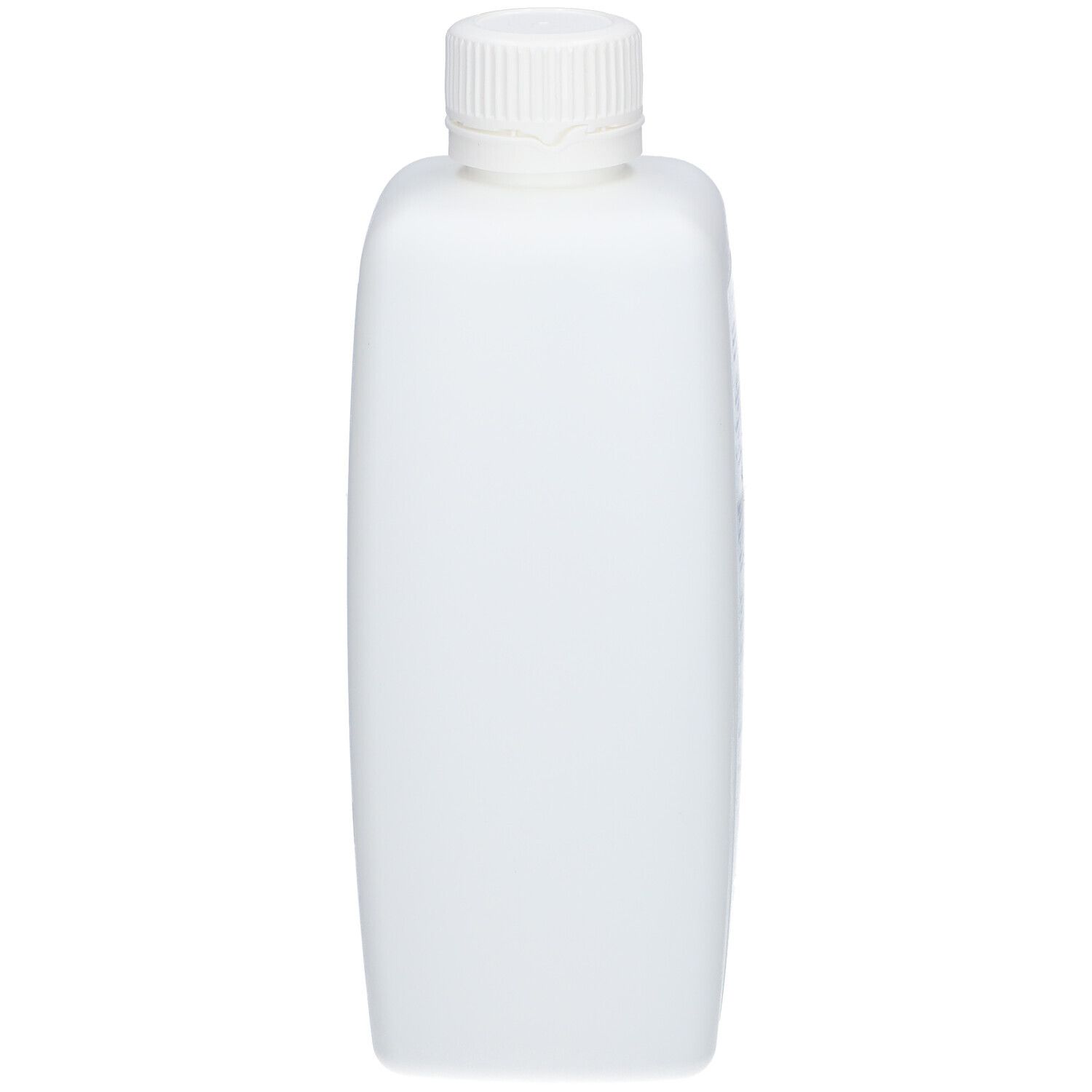 Weiße, rechteckige Flasche mit Schraubverschluss. Keine weiteren Merkmale.