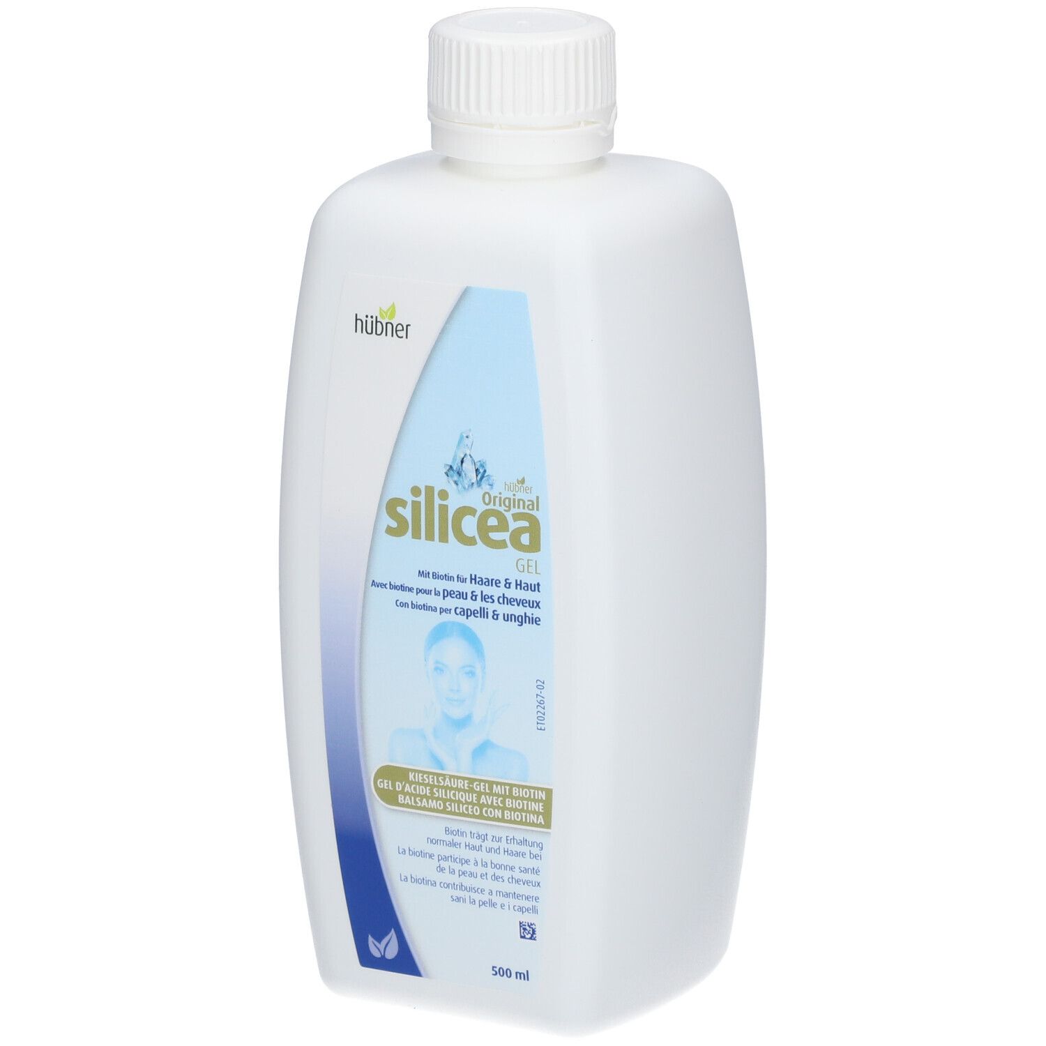 Weiße Flasche mit Schraubverschluss. Aufkleber mit Produktbezeichnung, Logo und Abbildung einer Frau.