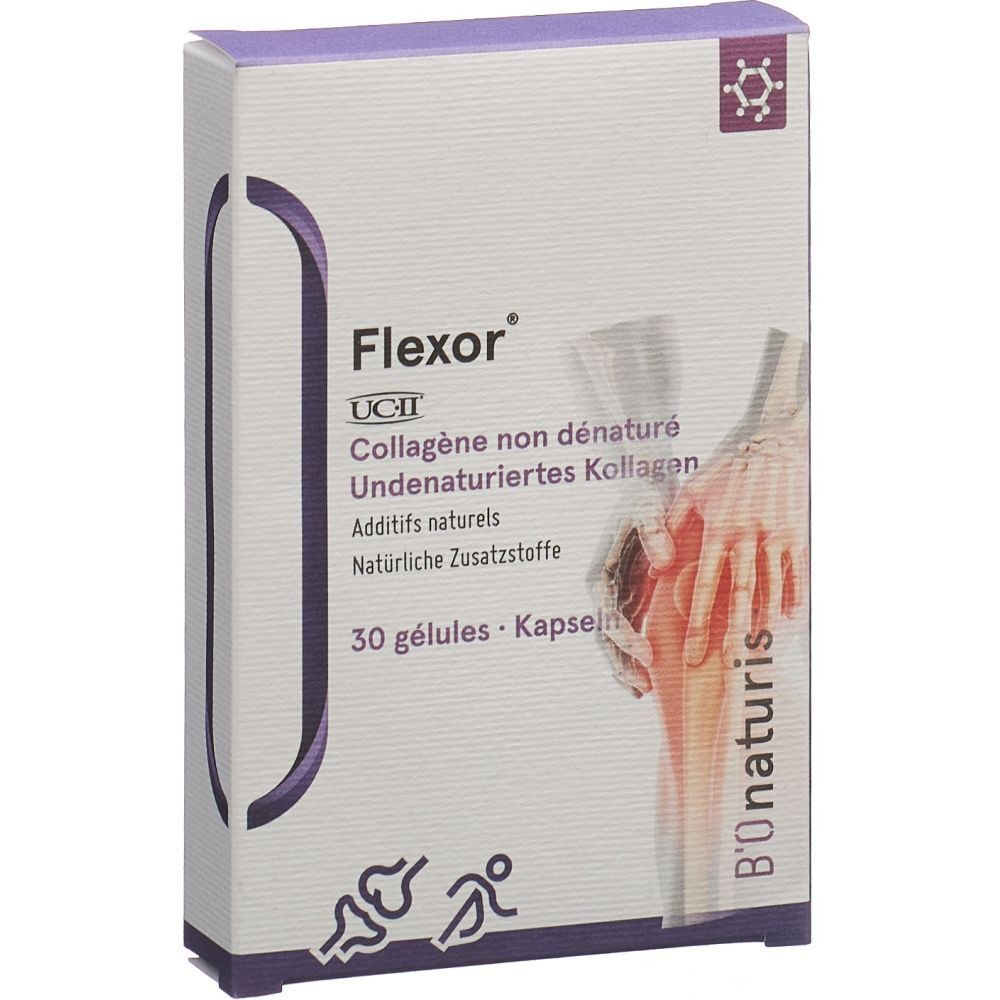 Verpackung von Flexor® mit Produktnamen, Inhaltsangaben und 30 Kapseln. B'onaturis Logo.