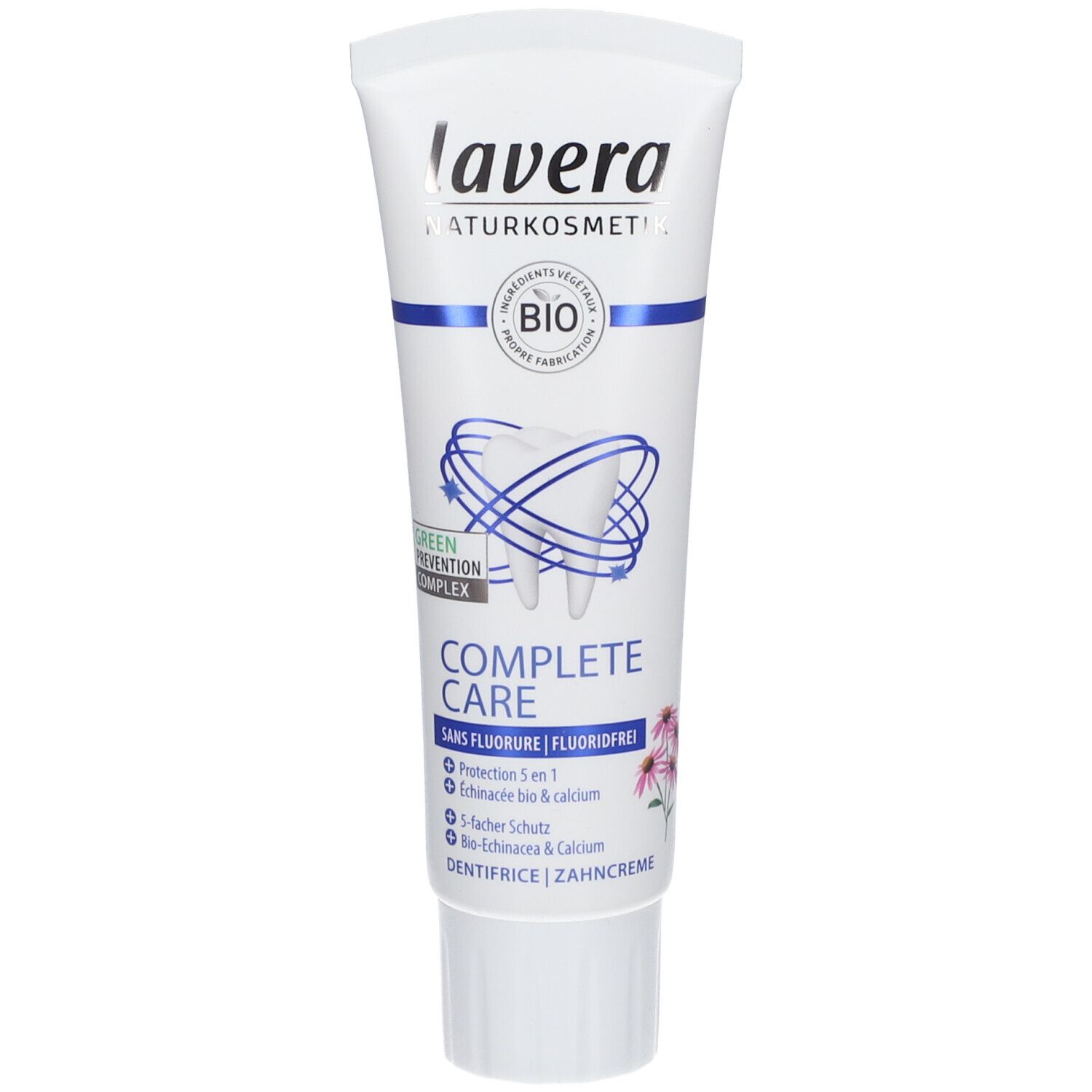 Tube de dentifrice blanche, bande bleue, texte. Label "BIO". "COMPLETE CARE" et "SANS FLUORURE" sont visibles.
