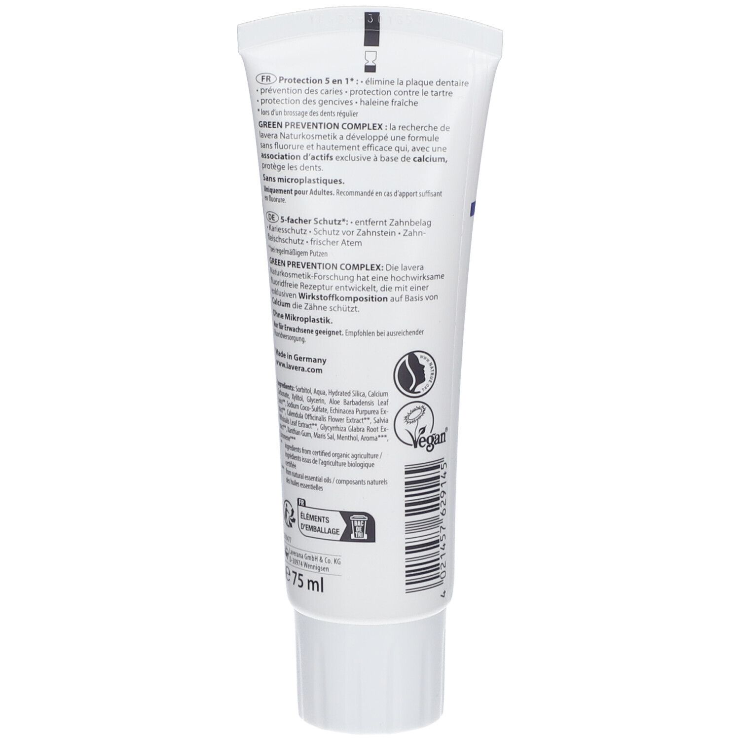 Dos du tube de dentifrice. Texte multilingue. Label végan. Ingrédients et informations du fabricant.