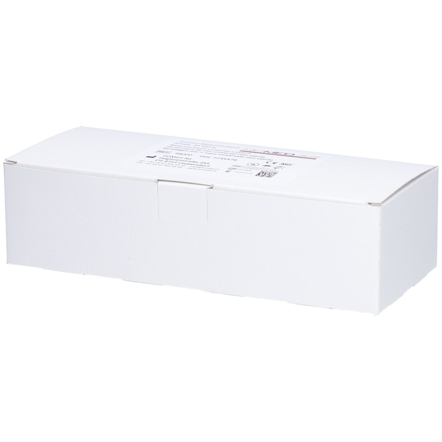 Emballage rectangulaire blanc avec inscriptions. Nom du produit non visible.