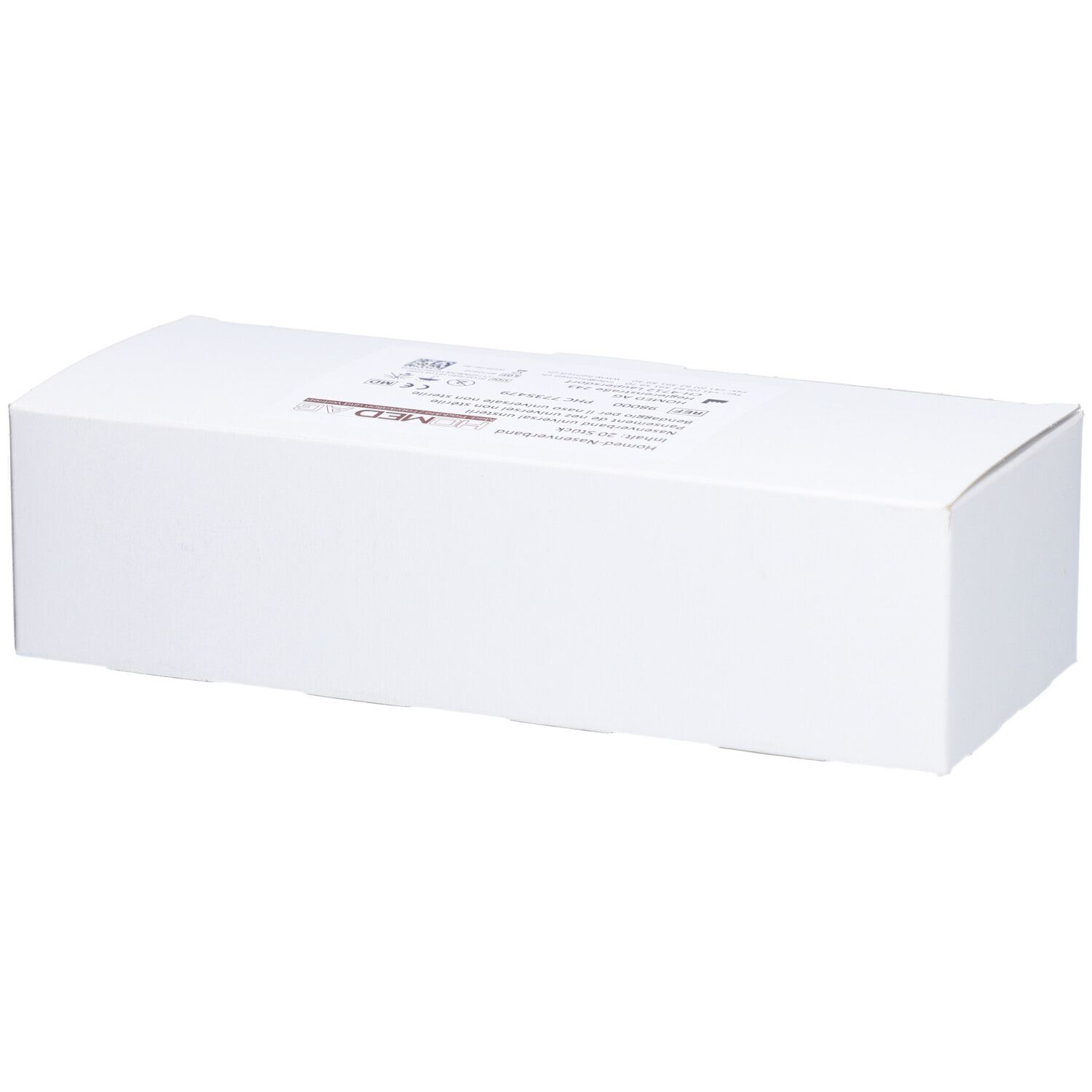 Emballage rectangulaire blanc avec inscriptions. Nom du produit non visible.