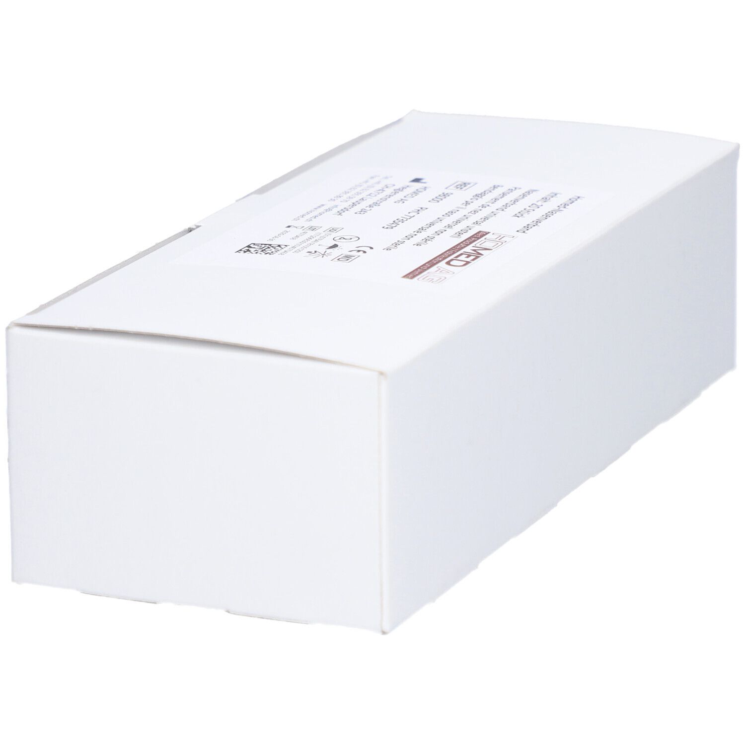 Emballage rectangulaire blanc incliné avec inscriptions. Nom du produit non visible.