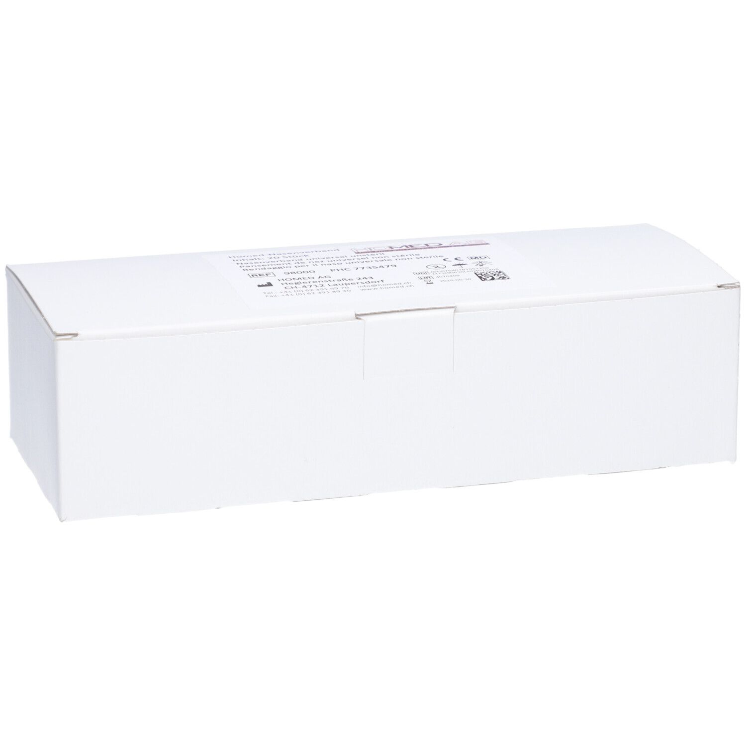 Emballage rectangulaire blanc avec inscriptions. Nom du produit non visible.