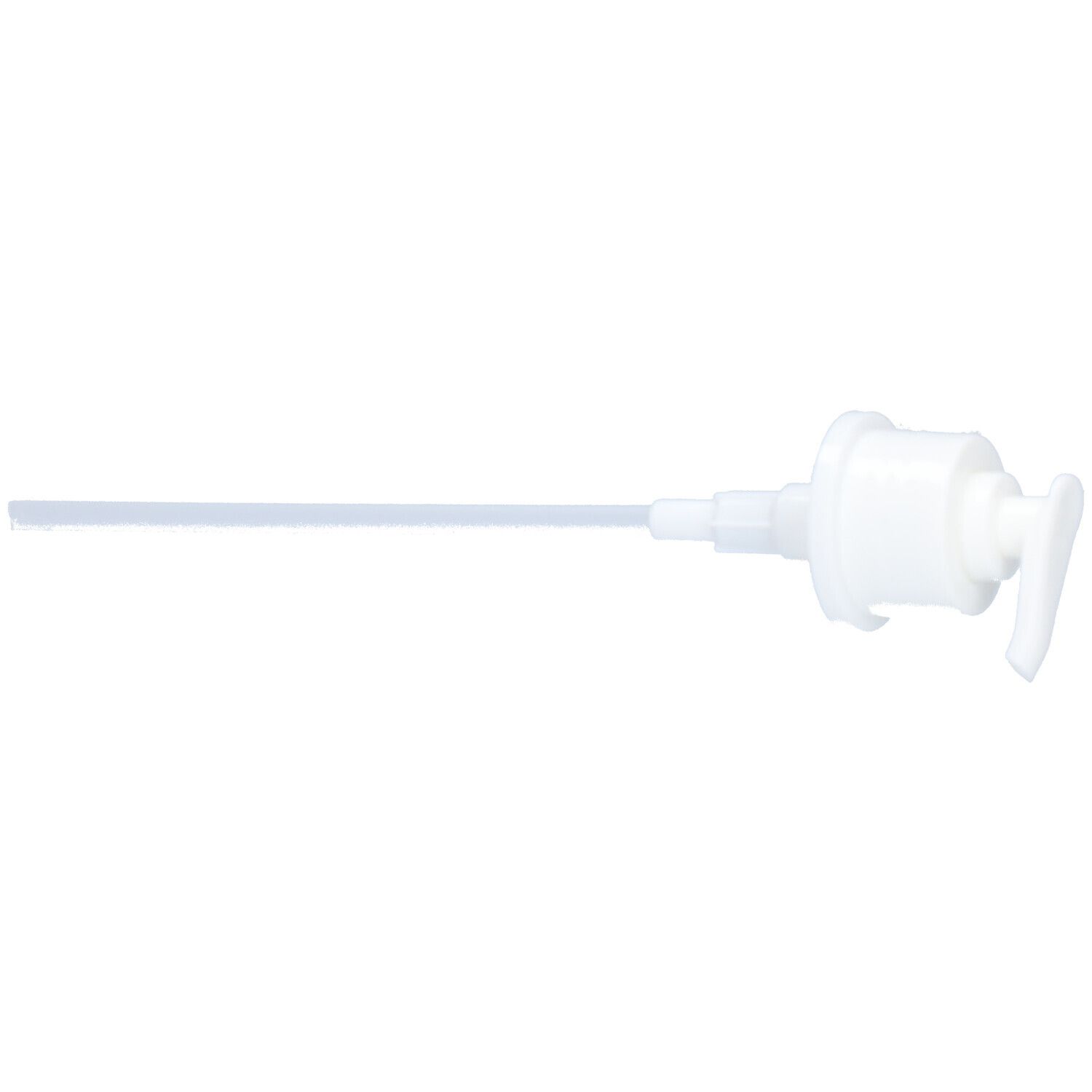 Pompe blanche avec bec verseur long. Levier de pompe latéral. Plastique.
