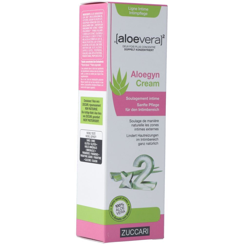 Verpackung von Aloegyn Creme mit Aloe Vera und Zuccari Logo.