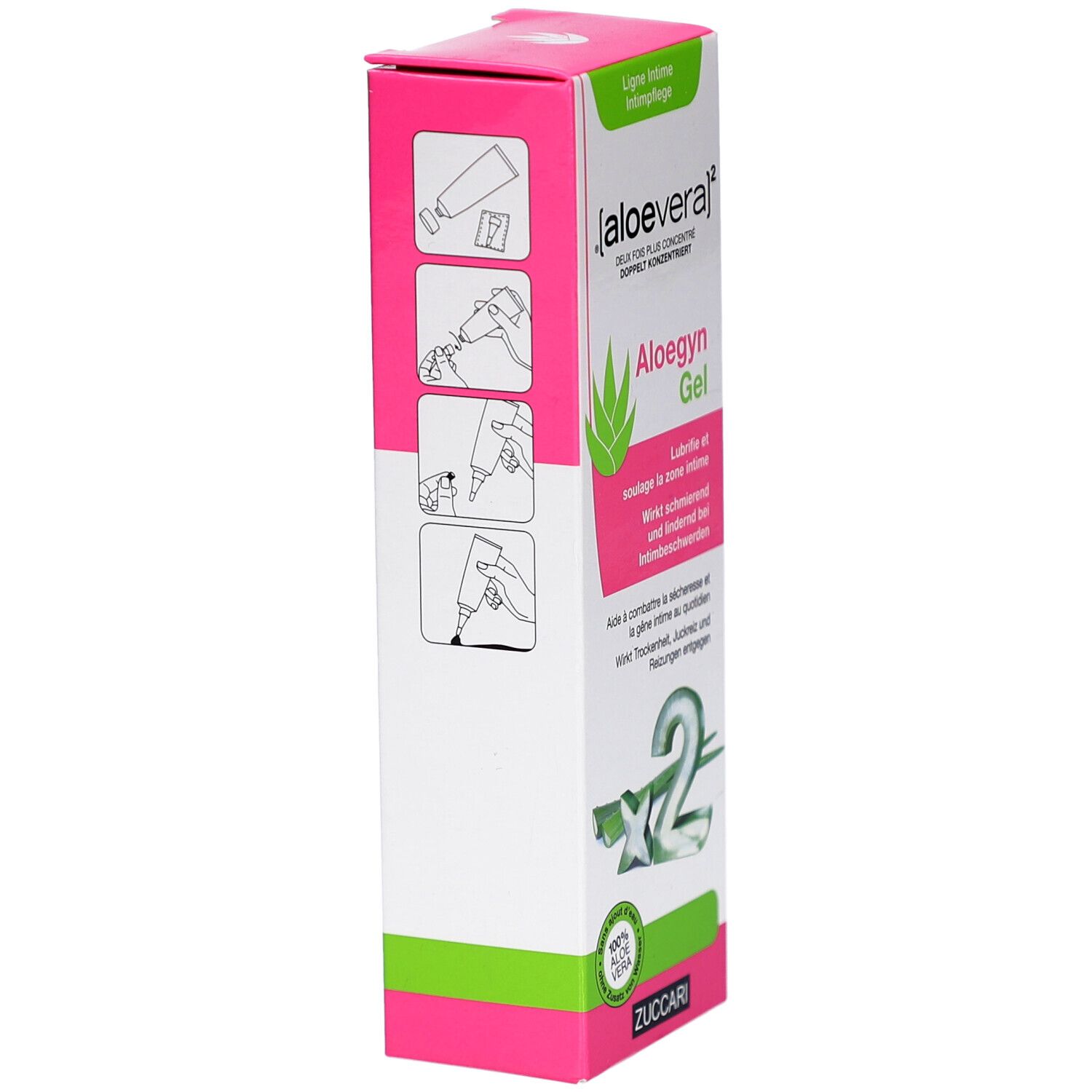 Rückseite der Zuccari Aloegyn Gel Packung mit Anwendungshinweisen.