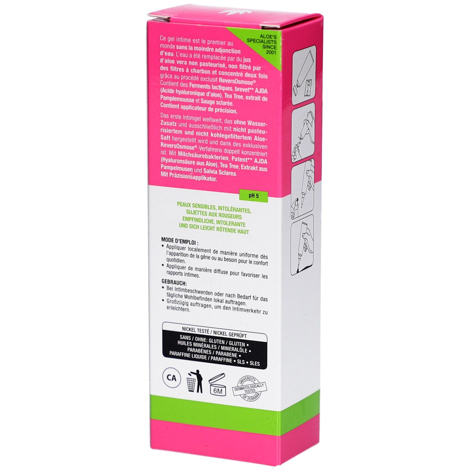 Seitenansicht der Zuccari Aloegyn Gel Packung mit Inhaltsstoffen und pH-Wert.