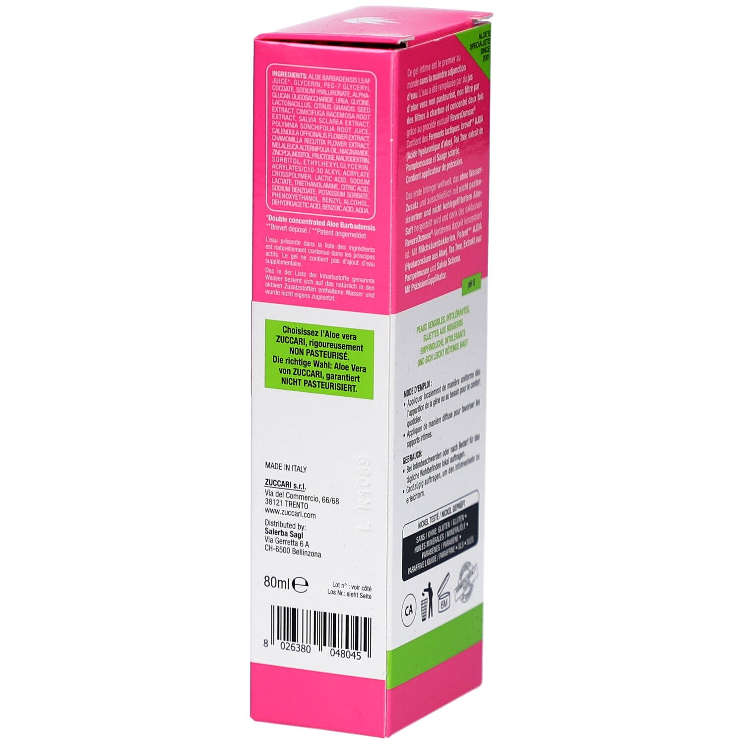 Seitenansicht der Zuccari Aloegyn Gel Packung mit Inhaltsangaben und Herkunft.