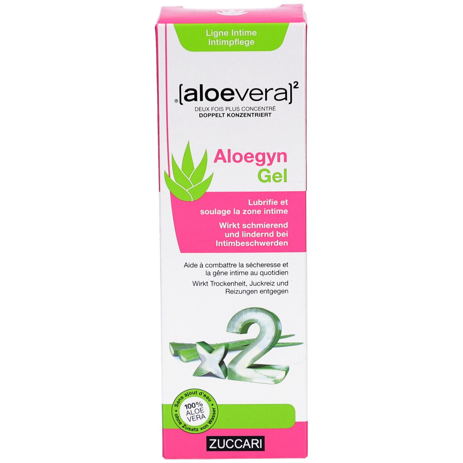 Vorderseite der Zuccari Aloegyn Gel Packung mit Aloe Vera und konzentrierter Formel.