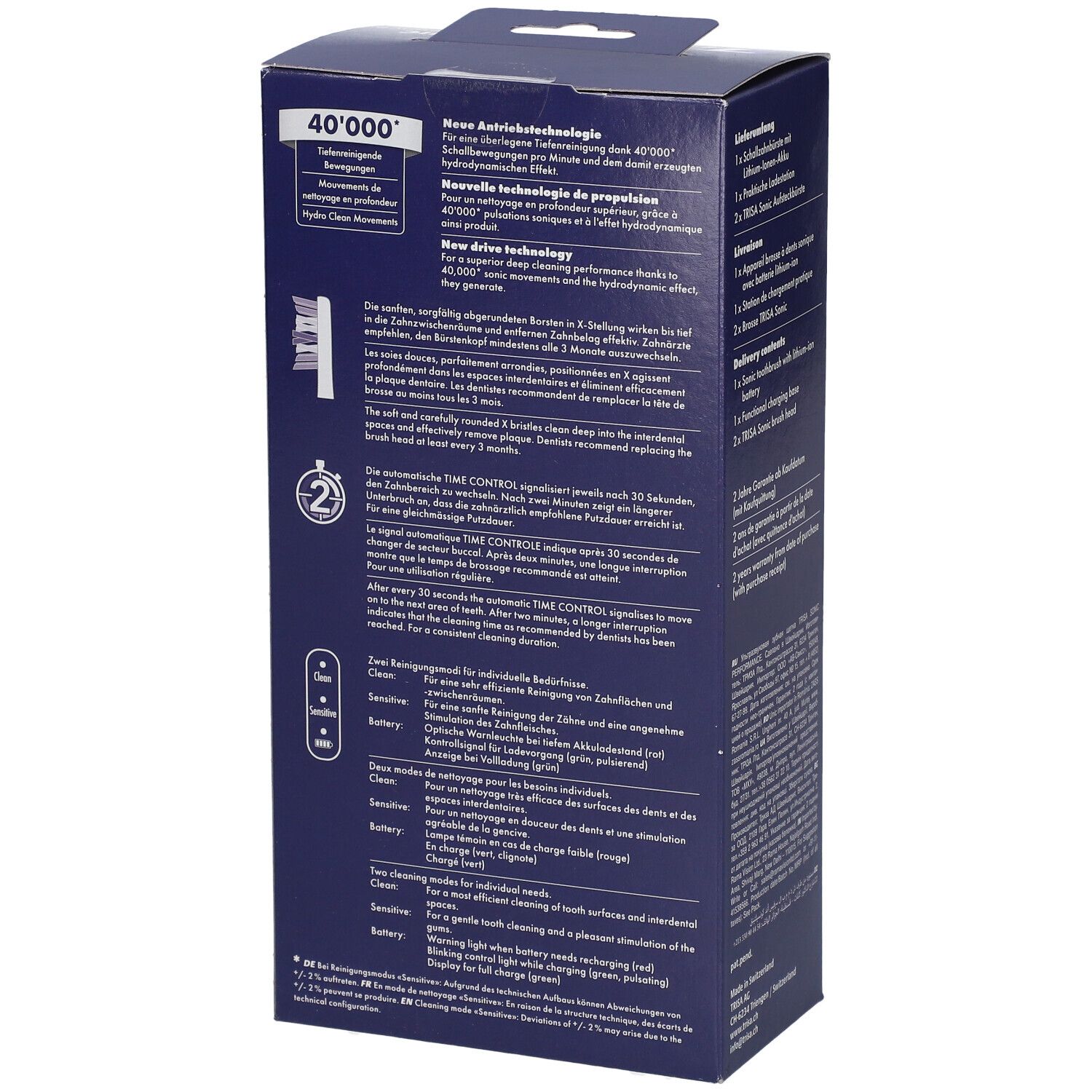 Verpackung der TRISA Sonic Performance Zahnbürste. Beschreibt die Technologie und Funktionen. Enthält Informationen zur Reinigung.