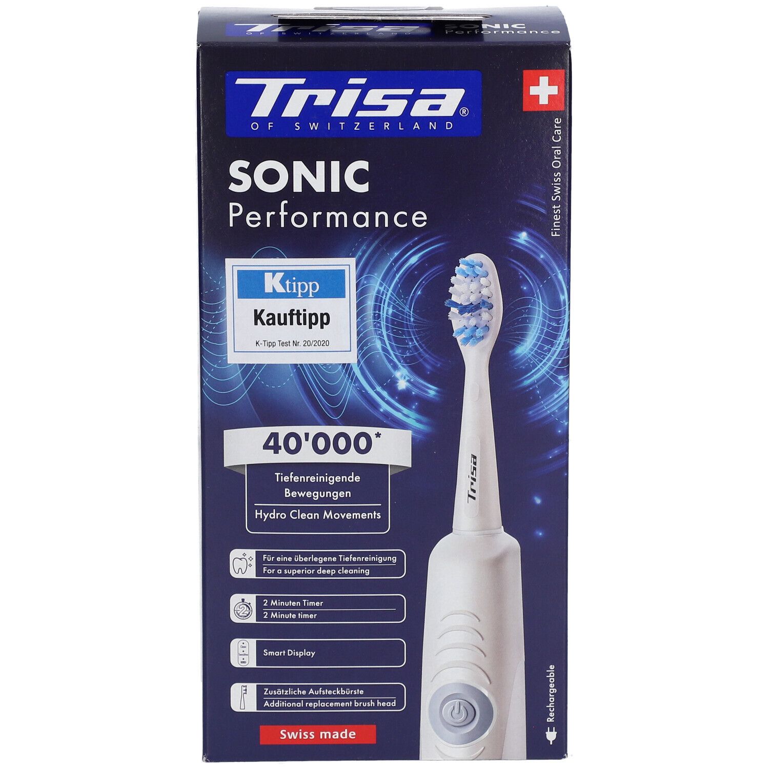 Vorderansicht der Verpackung der TRISA Sonic Performance Zahnbürste. Zeigt die Zahnbürste und Funktionen. Schweizer Qualität.