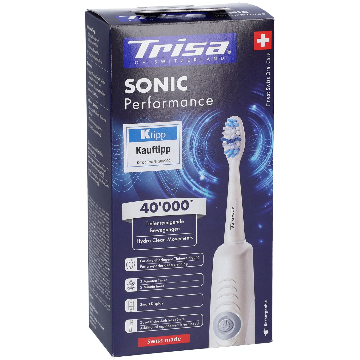Vorderansicht der Verpackung der TRISA Sonic Performance Zahnbürste. Zeigt die Zahnbürste und Funktionen. Schweizer Qualität.