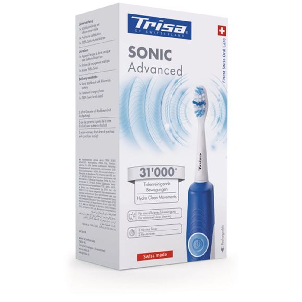 Zahnbürste in Verpackung. Blaue Bürste mit weißem Kopf. "Trisa Sonic Advanced" und "Swiss Made" sichtbar.